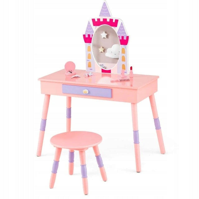 CHILDREN'S DRESSING TABLE 2IN1 WITH MIRROR STOOL DESK WOODEN PINK ACCESSORIES Brand Costway