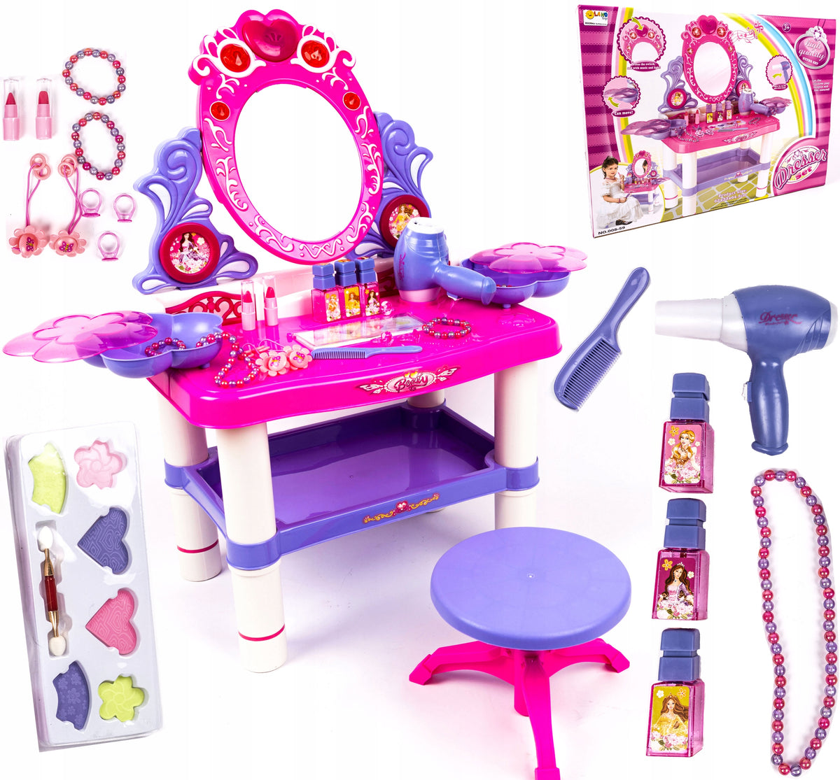 CHILDREN'S DRESSING TABLE PINK - PURPLE MIRROR DRYER STOOL ACCESSORIES