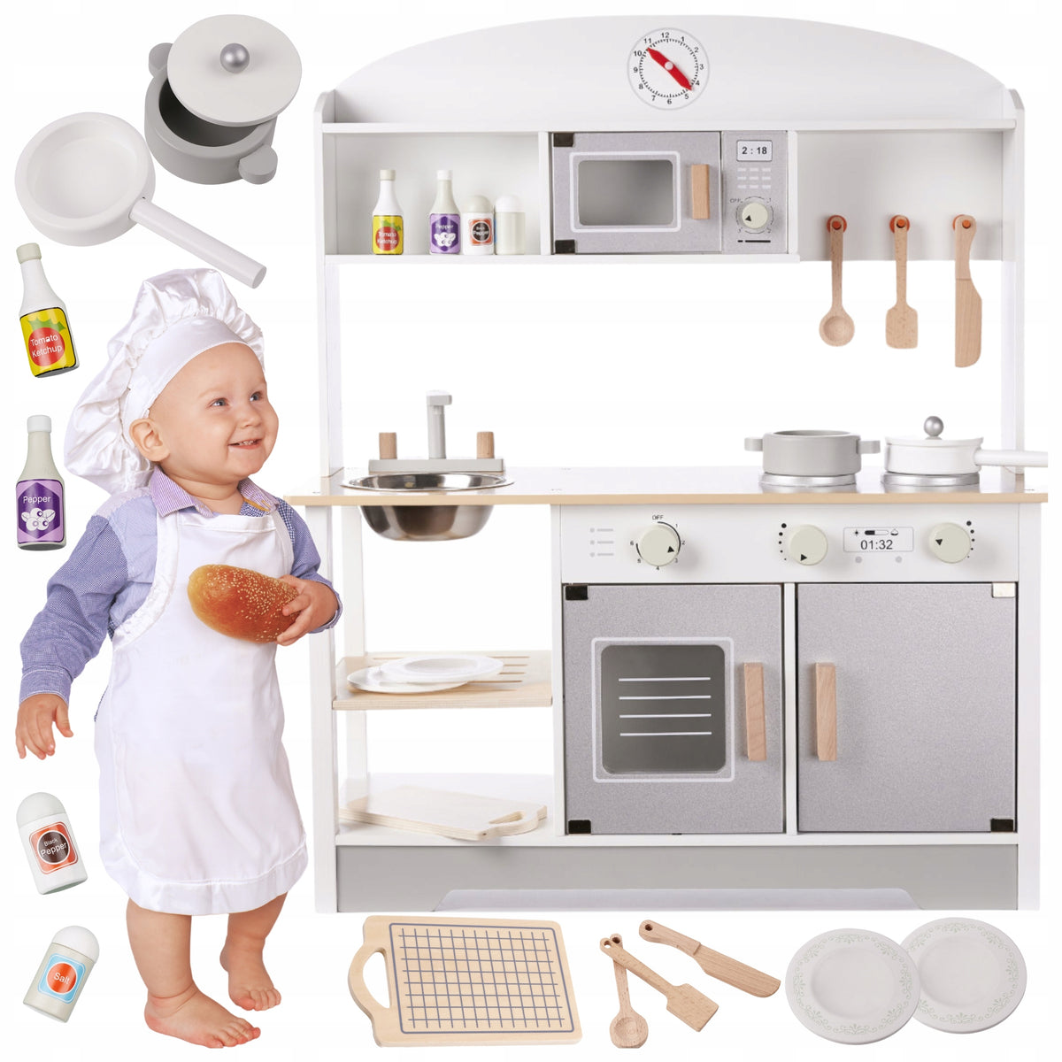 CHILDREN'S KITCHEN WOODEN LARGE ACCESSORIES FOR KITCHEN POTS CUTLERY 82CM
