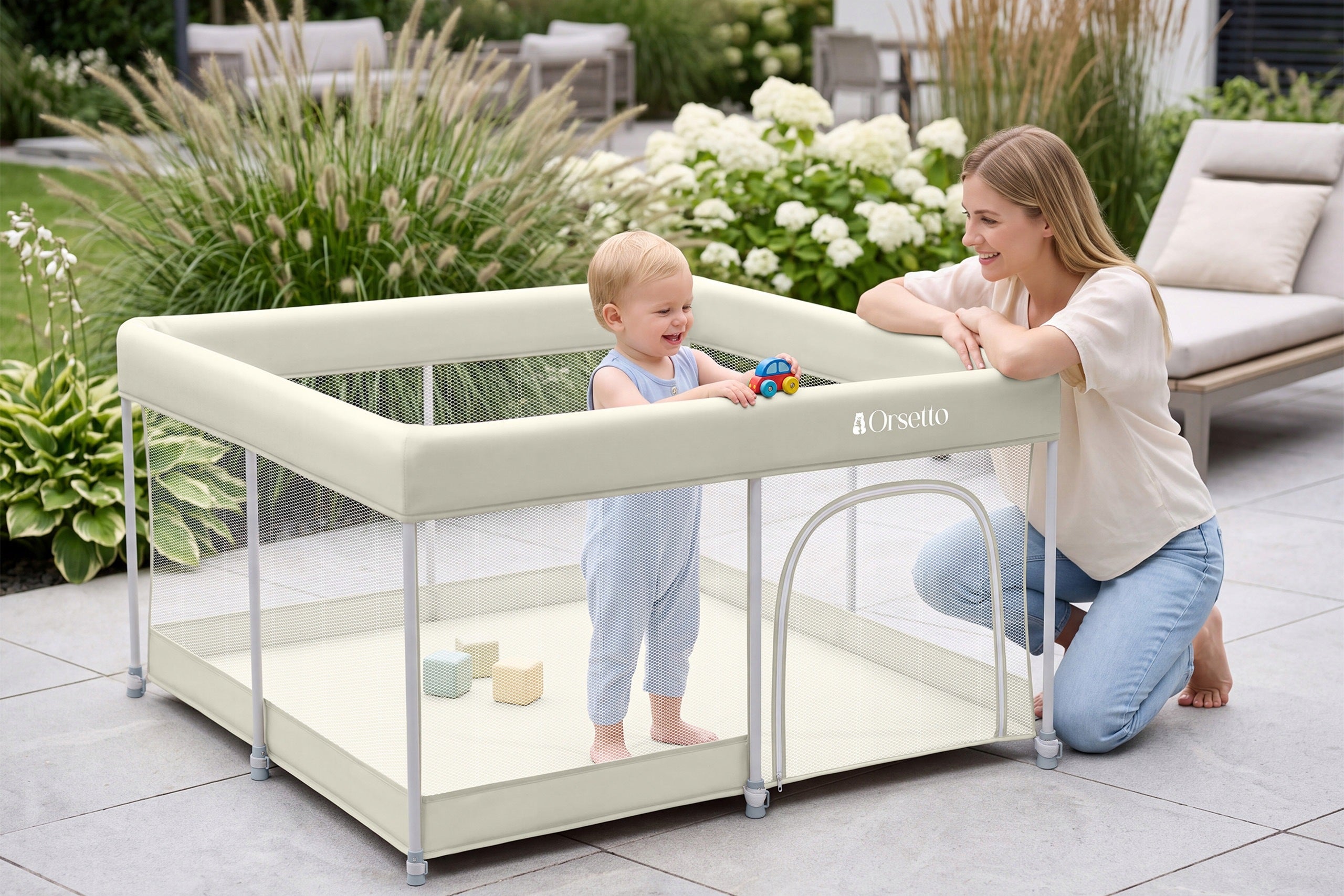 CHILDREN'S PLAYPEN 127x127 cm AUTOMATICALLY FOLDING QUICK FOLD ORSETTO BEIGE Kind playpen