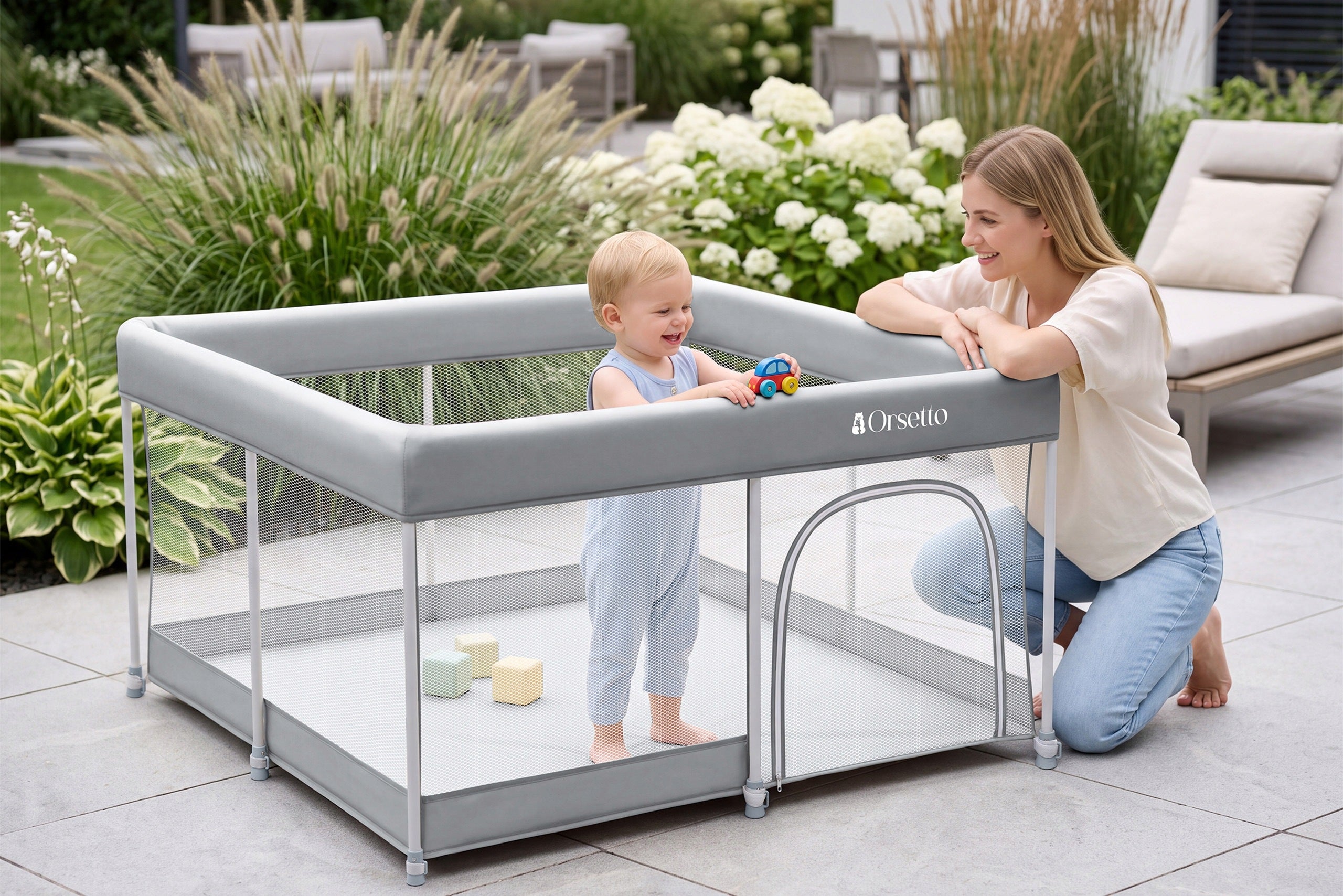 CHILDREN'S PLAYPEN 127x127 cm AUTOMATICALLY FOLDING QUICK FOLD ORSETTO GREY Kind playpen
