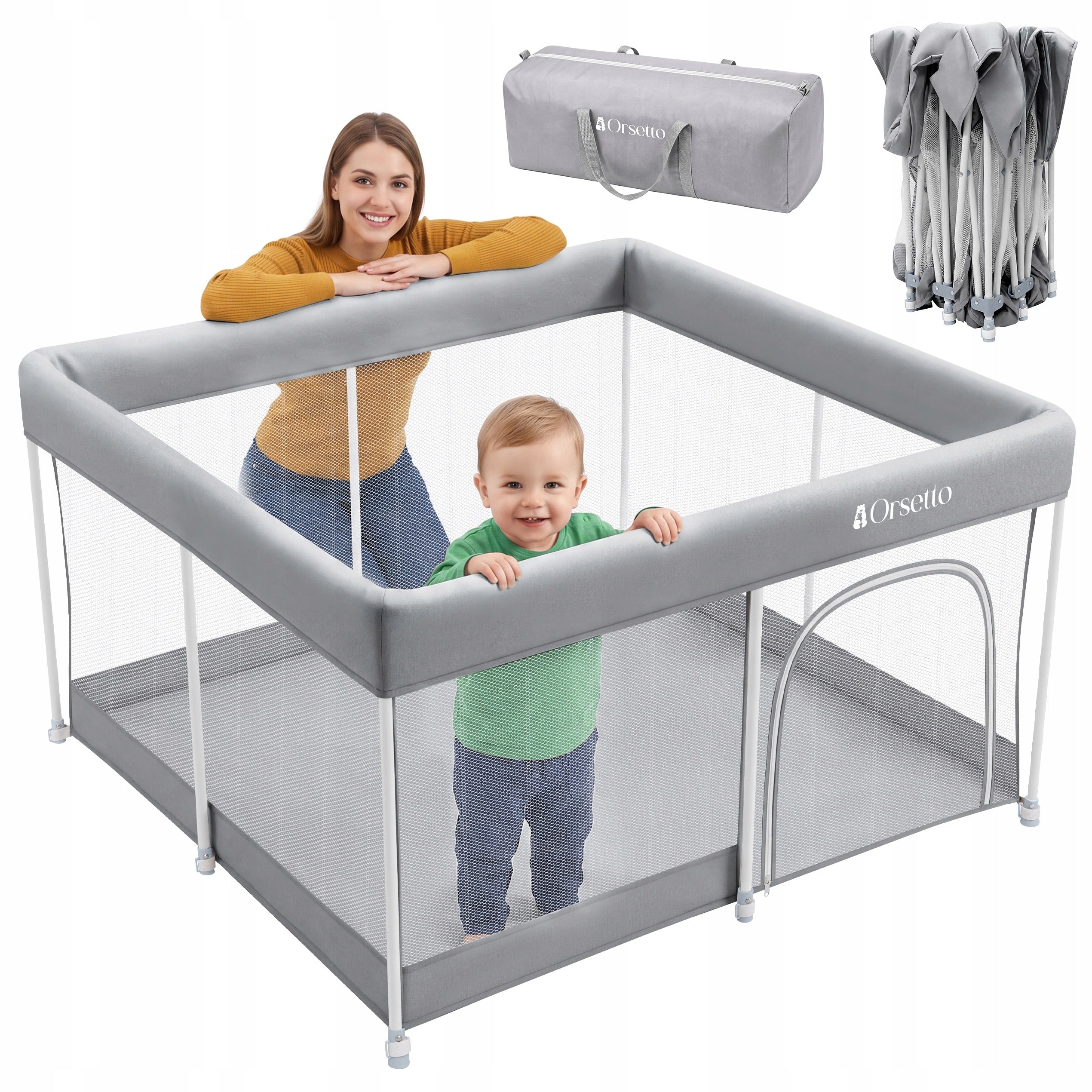 CHILDREN'S PLAYPEN 127x127 cm AUTOMATICALLY FOLDING QUICK FOLD ORSETTO GREY
