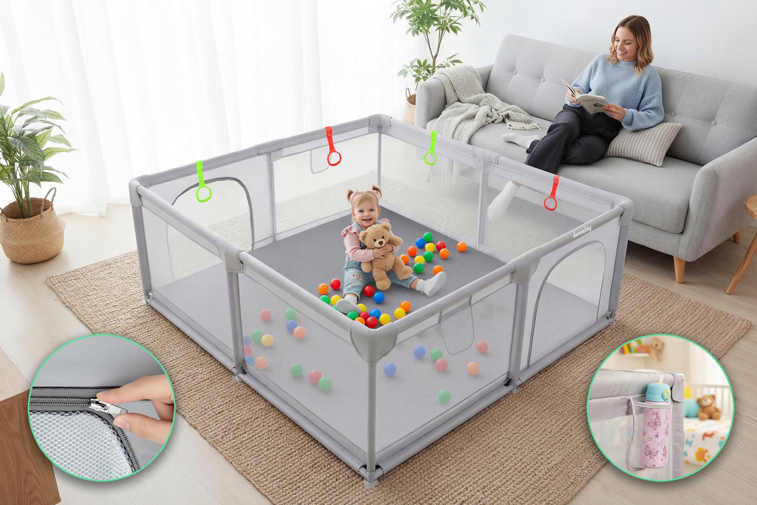 CHILDREN'S PLAYPEN 140x140 cm SQUARE TOYS DRY POOL + HANDLES AND 50 BALLS Product width 140 cm