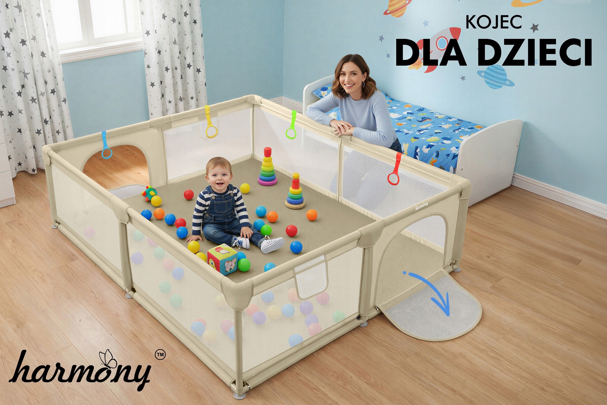 CHILDREN'S PLAYPEN 150x180 cm SQUARE TOYS DRY POOL HANDLES 50 BALLS BEIGE Brand Harmony
