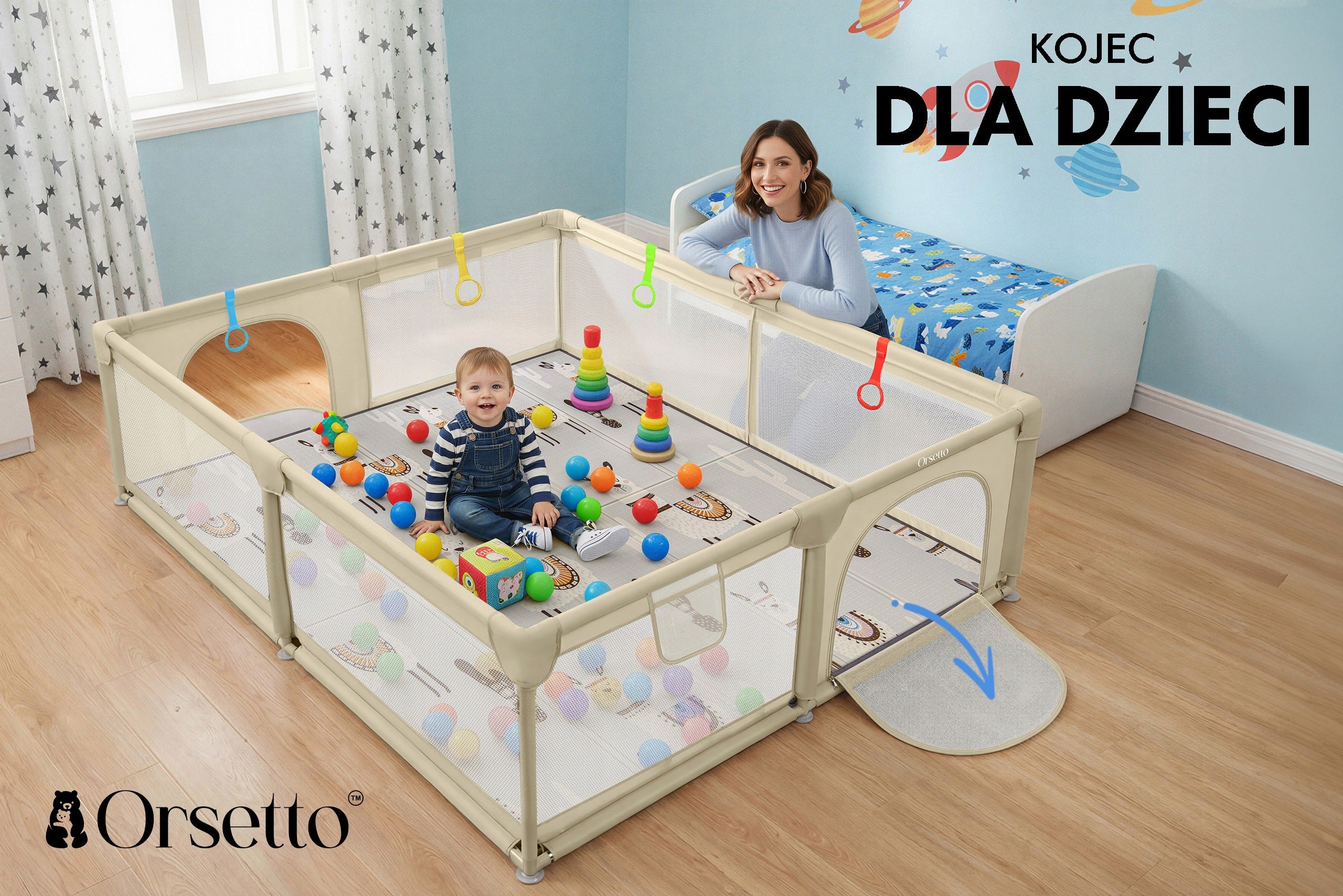 CHILDREN'S PLAYPEN BEIGE 150x180 FOAM MAT llama 4x HANDLE 50 PILEK Brand Orsetto
