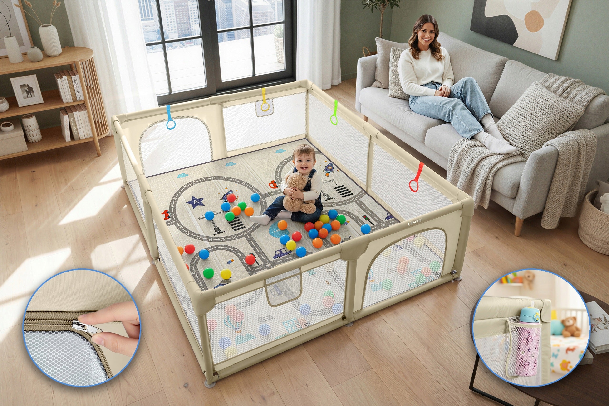 CHILDREN'S PLAYPEN BEIGE 150x180 FOAM MAT llama 4x HANDLE 50 PILEK Kind playpen