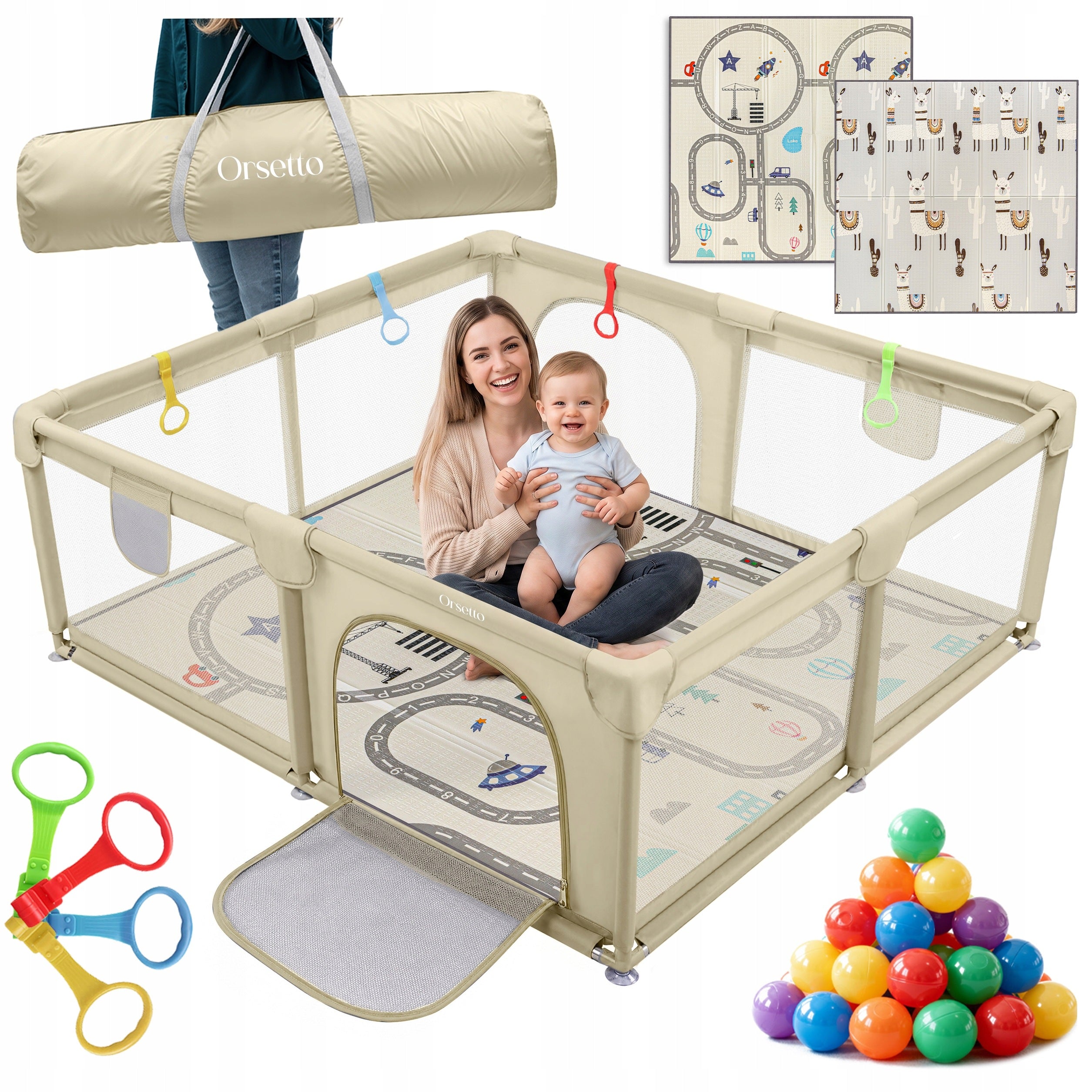 CHILDREN'S PLAYPEN BEIGE 150x180 FOAM MAT llama 4x HANDLE 50 PILEK