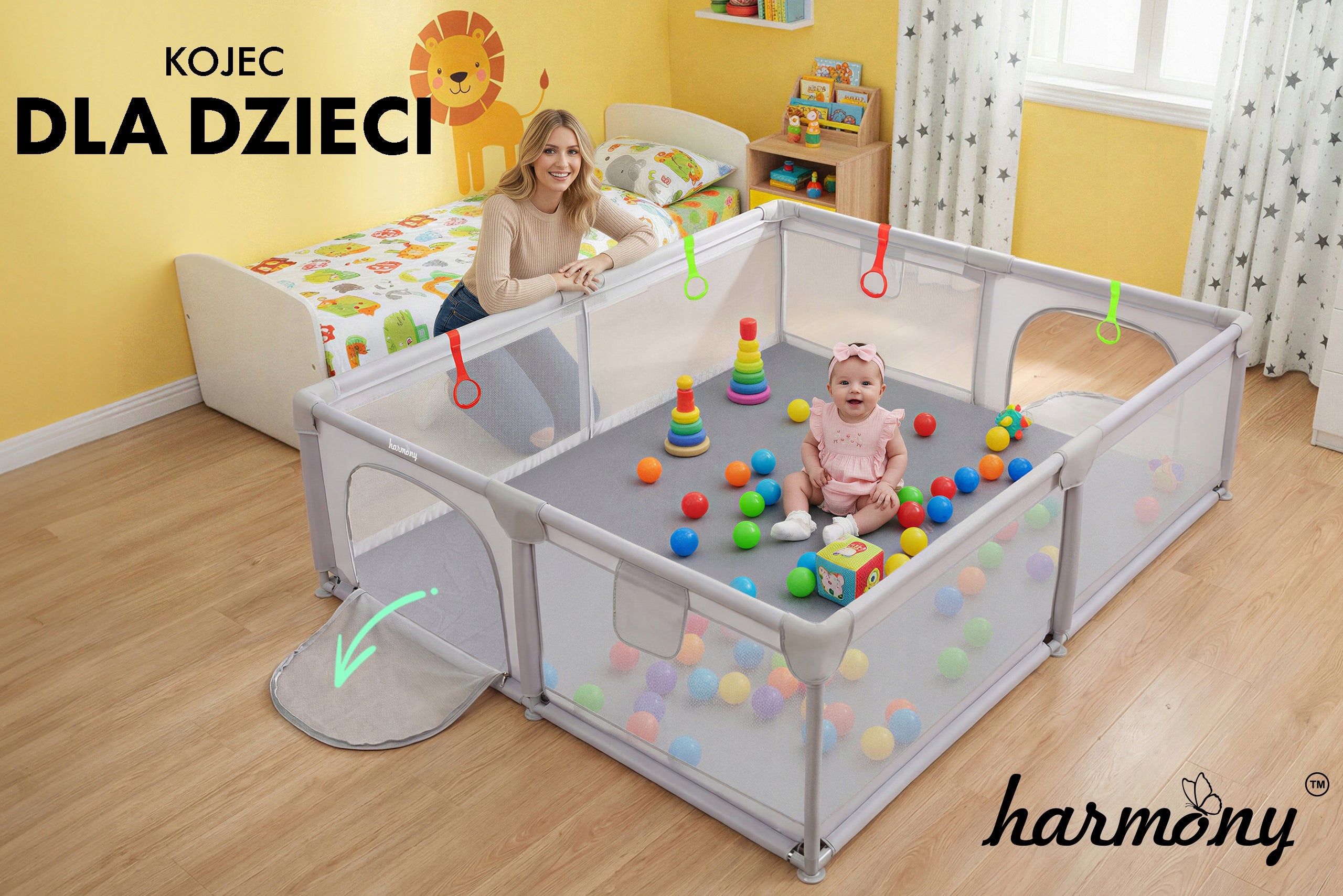 CHILDREN'S PLAYPEN HARMONY 140x200 cm SQUARE TOYS + 4x HANDLES + 50 BALLS Brand Harmony