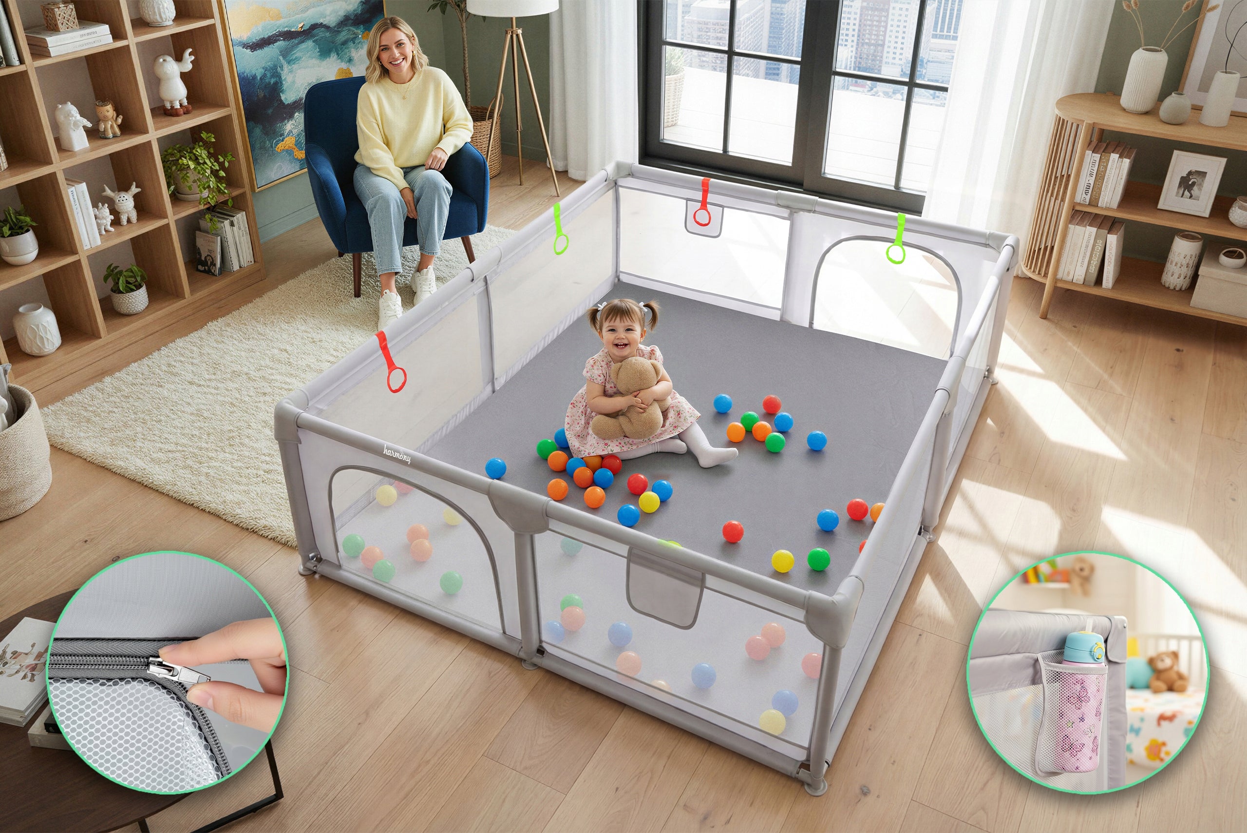 CHILDREN'S PLAYPEN HARMONY 140x200 cm SQUARE TOYS + 4x HANDLES + 50 BALLS Kind playpen
