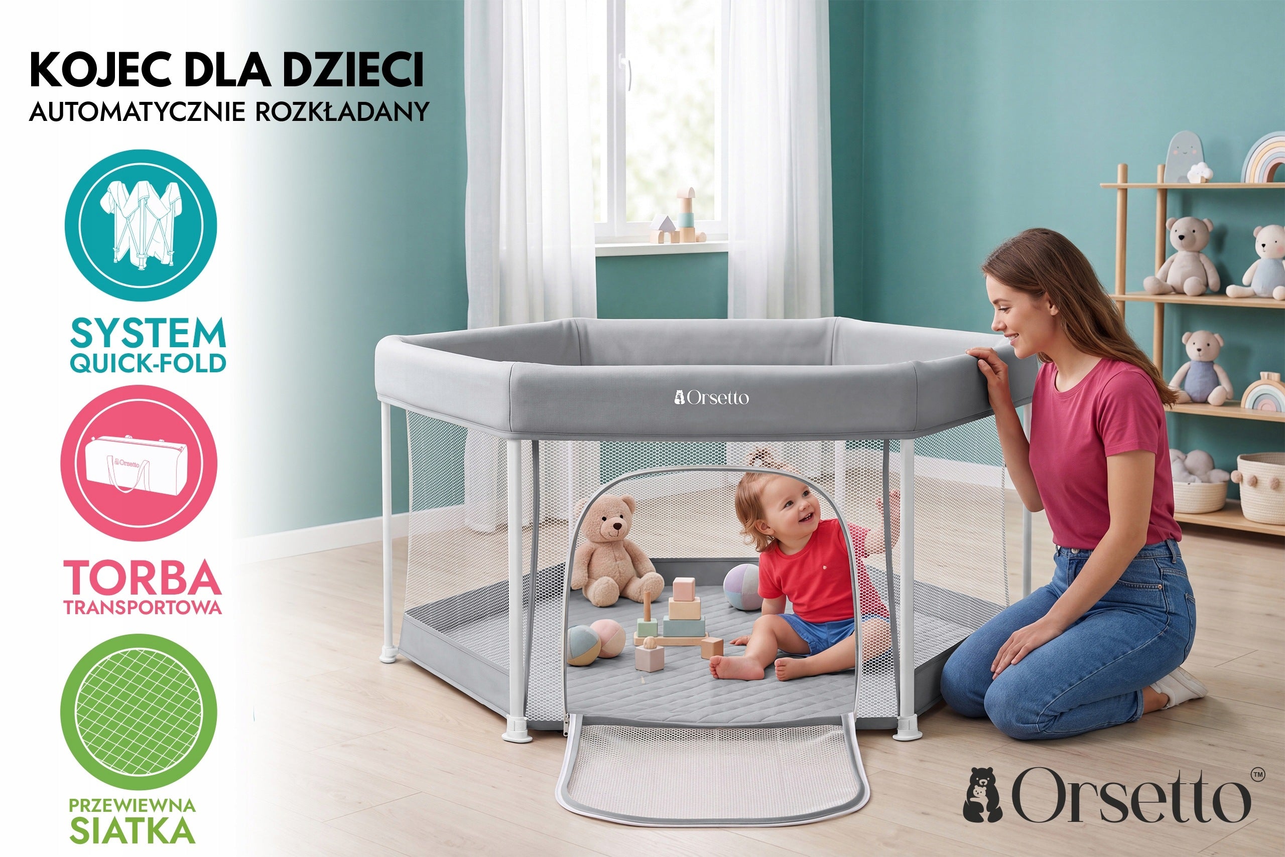 CHILDREN'S PLAYPEN HEXAGONAL ORSETTO AUTOMATICALLY FOLDING QUICKFOLD GREY Brand Orsetto