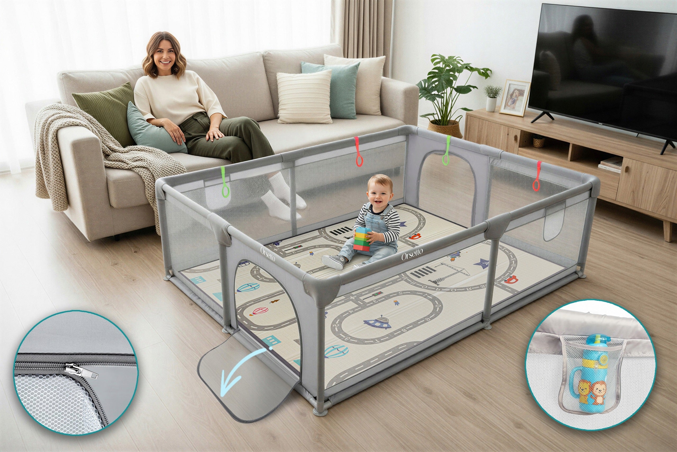 CHILDREN'S PLAYPEN SQUARE TOYS WITH FOAM MAT 150x180 cm + 4 HANDLES 50 BALLS Product width 150 cm