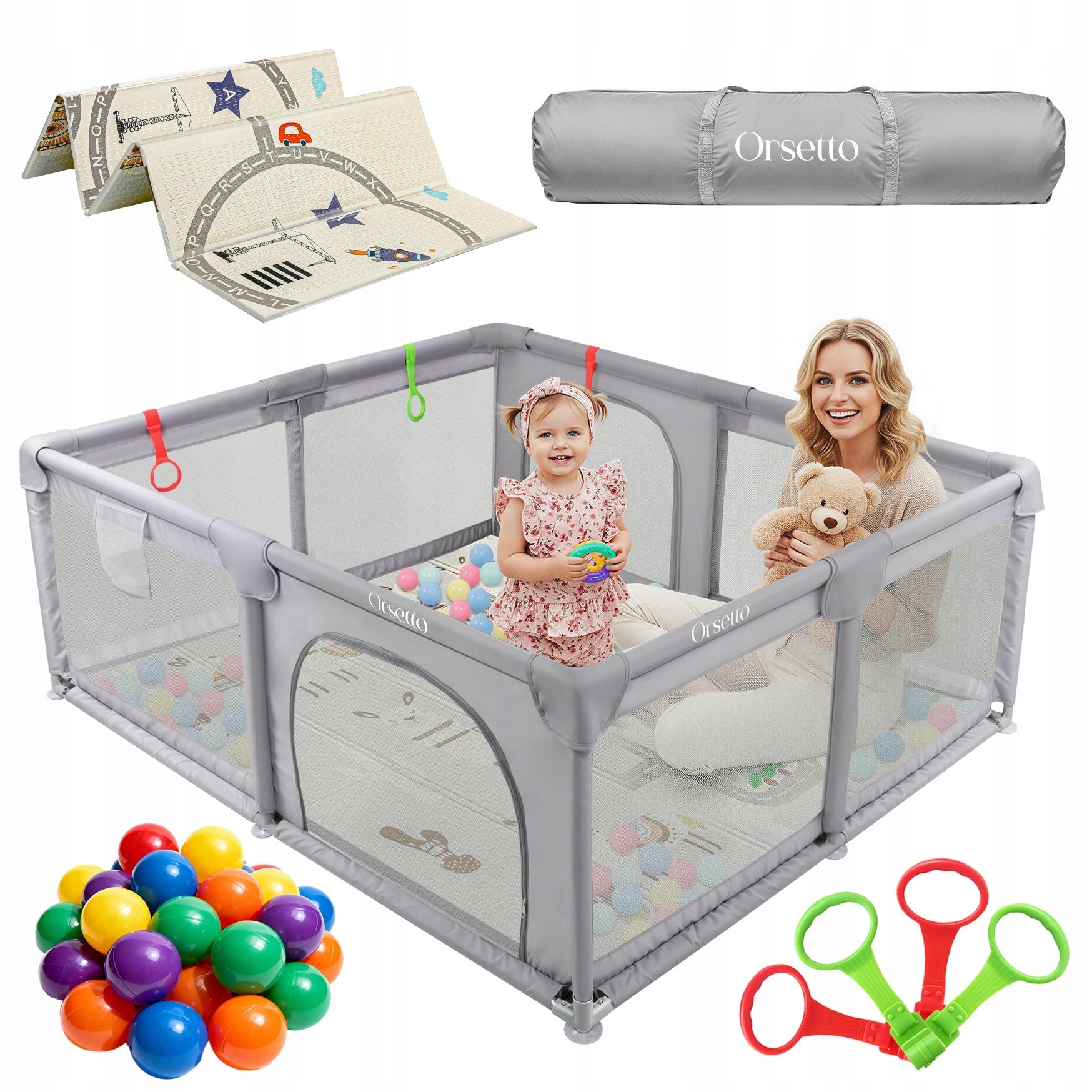 CHILDREN'S PLAYPEN SQUARE TOYS WITH FOAM MAT 150x180 cm + 4 HANDLES 50 BALLS