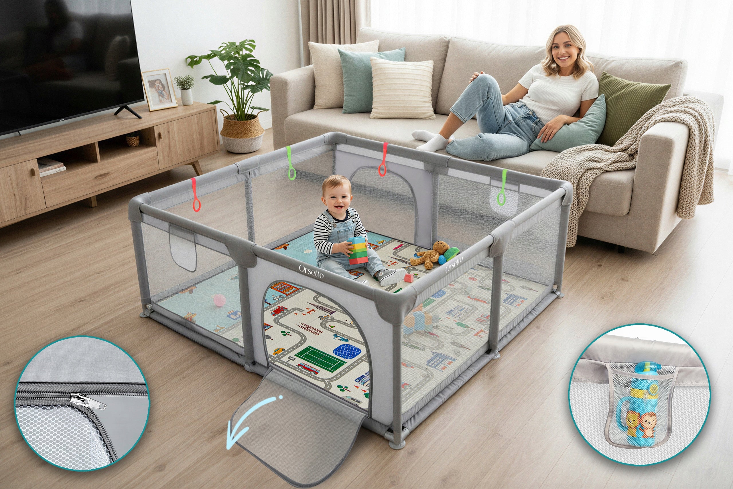 CHILDREN'S PLAYPEN WITH FOAM MAT 140x140 cm DRY POOL + HANDLES AND 50 BALLS Kind playpen
