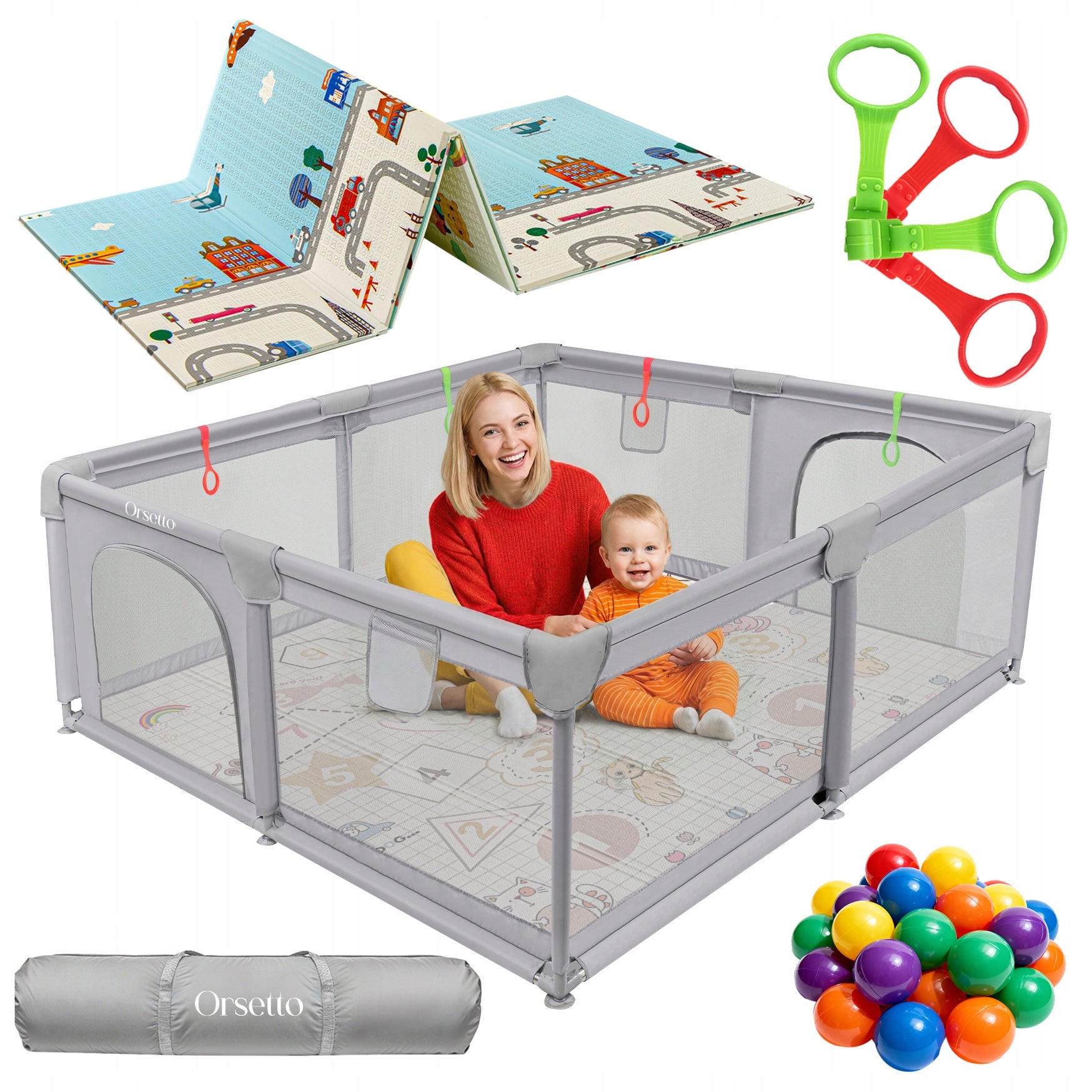 CHILDREN'S PLAYPEN WITH FOAM MAT 140x140 cm DRY POOL + HANDLES AND 50 BALLS