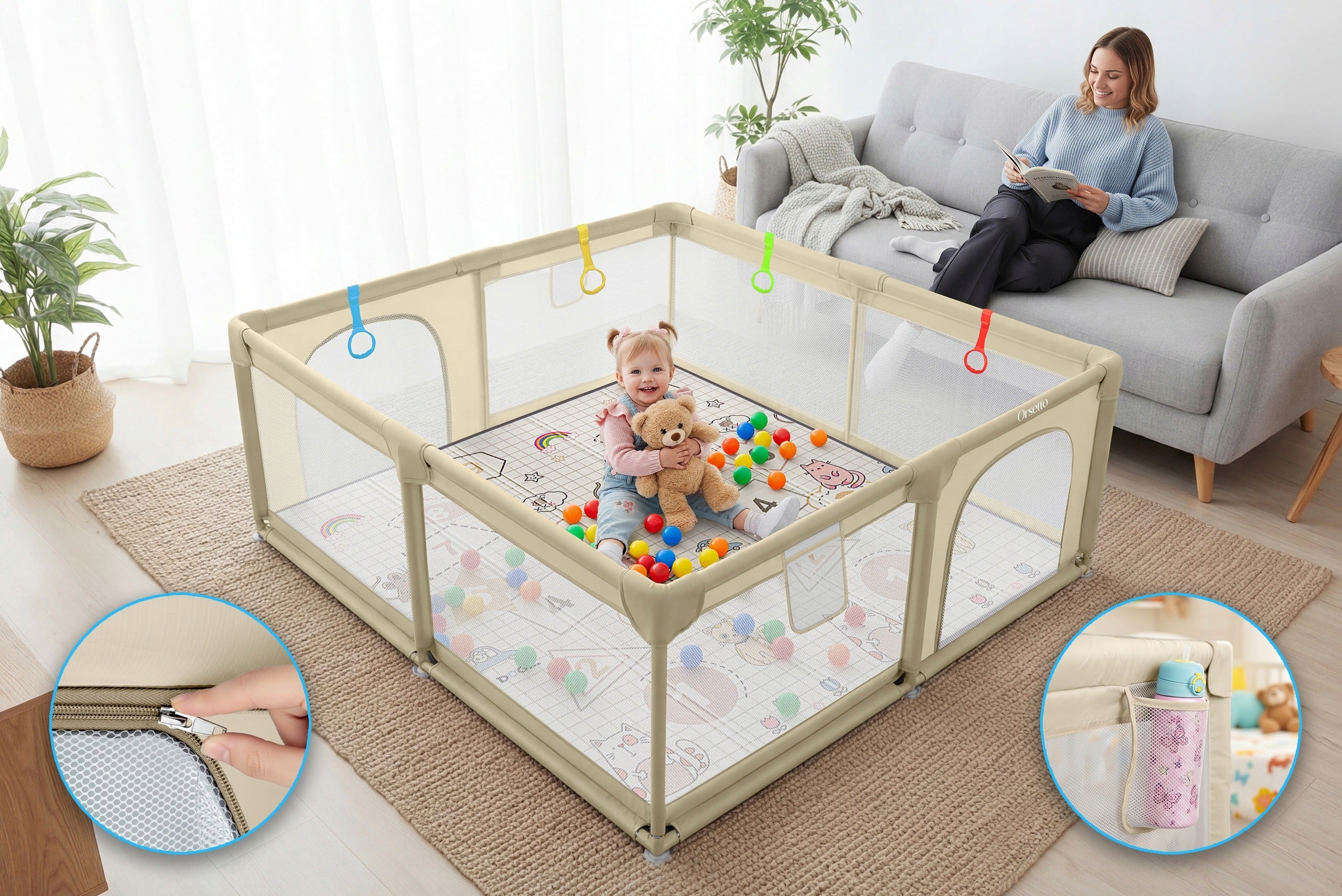 CHILDREN'S PLAYPEN WITH FOAM MAT 140x140 cm SQUARE TOYS DRY POOL ORSETTO Kind playpen
