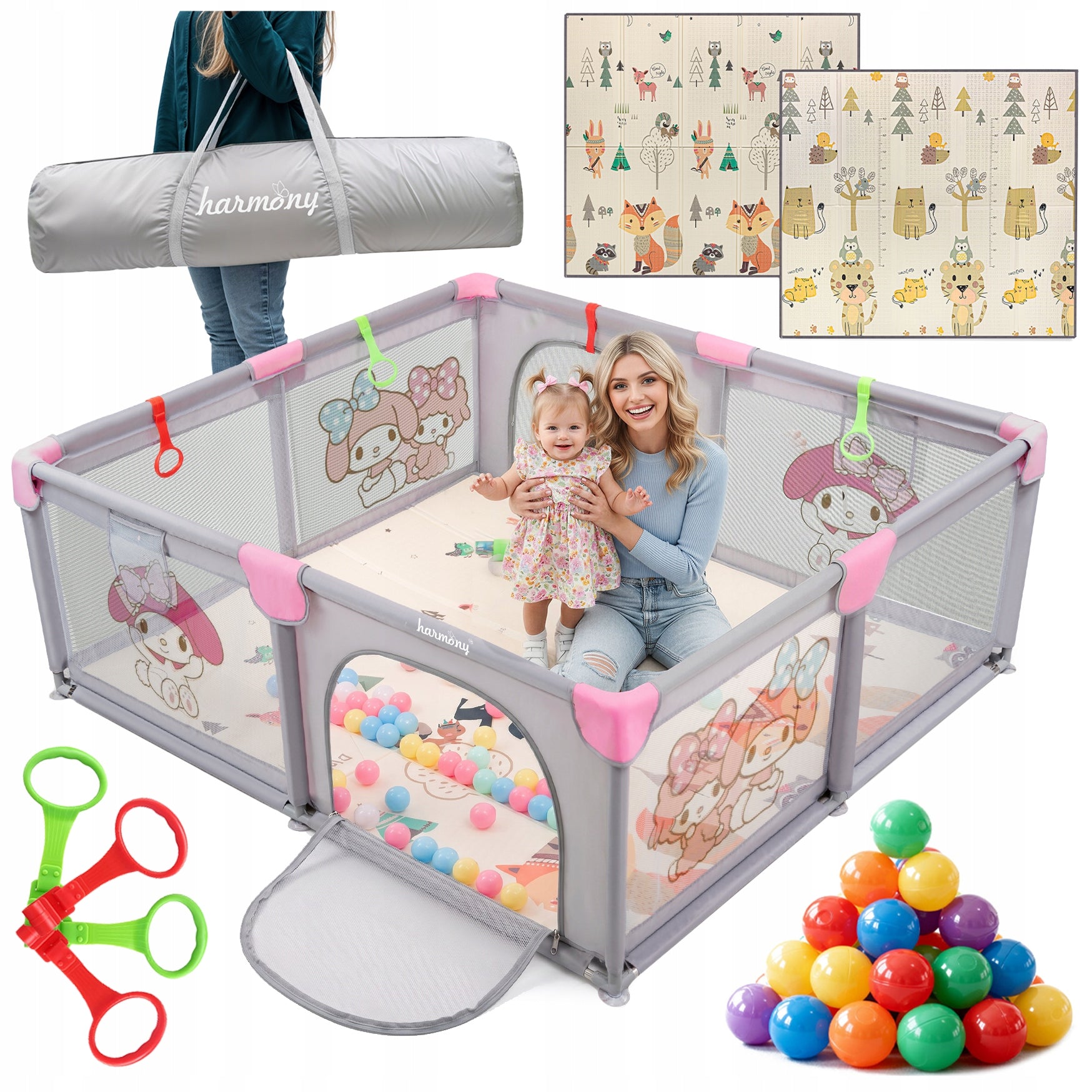 CHILDREN'S PLAYPEN WITH FOAM MAT 150x180 CM SQUARE TOYS + HANDLES AND 50 BALLS