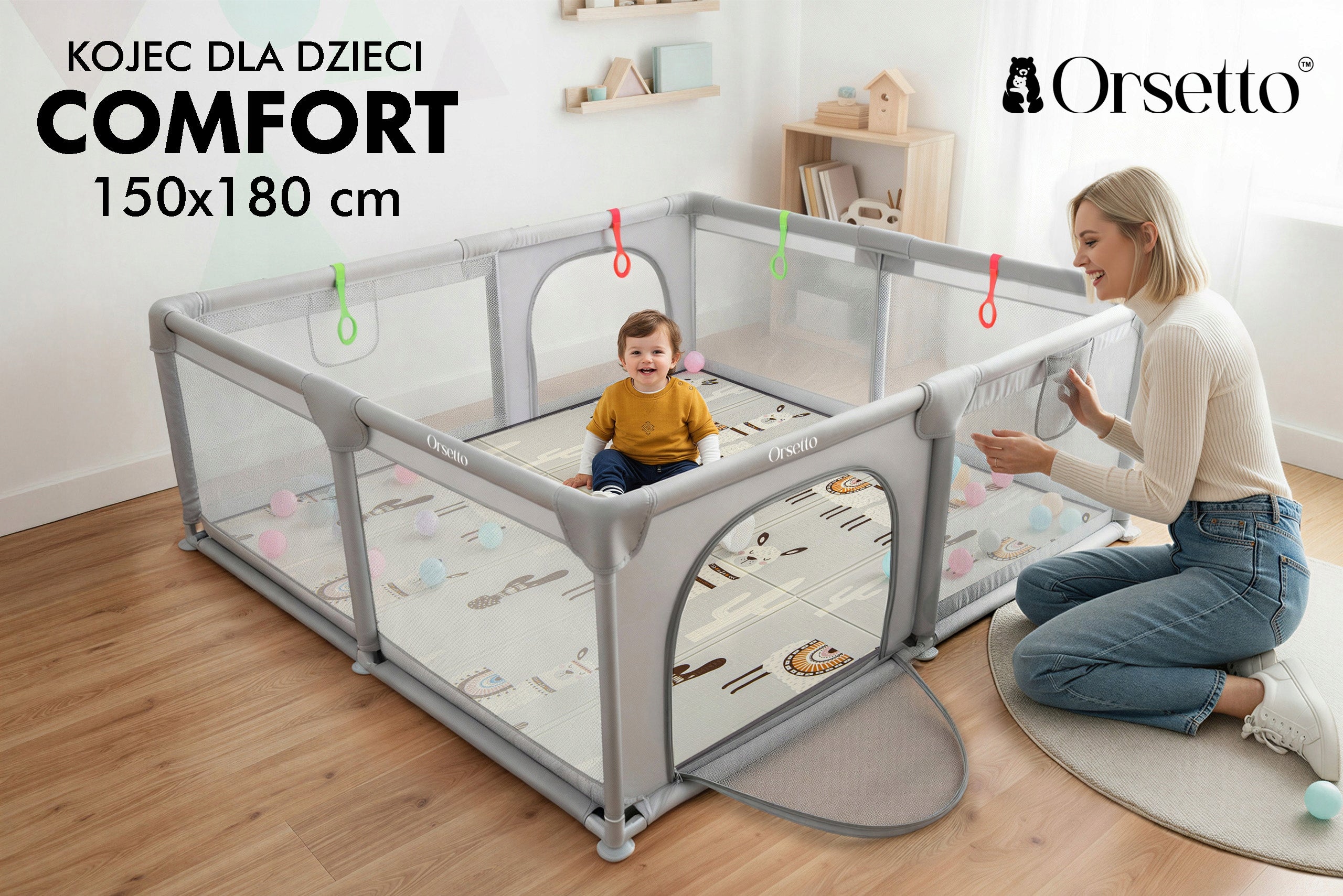CHILDREN'S PLAYPEN WITH FOAM MAT 150x180 cm DRY POOL + HANDLES AND 50 BALLS Manufacturer code 5905226111767