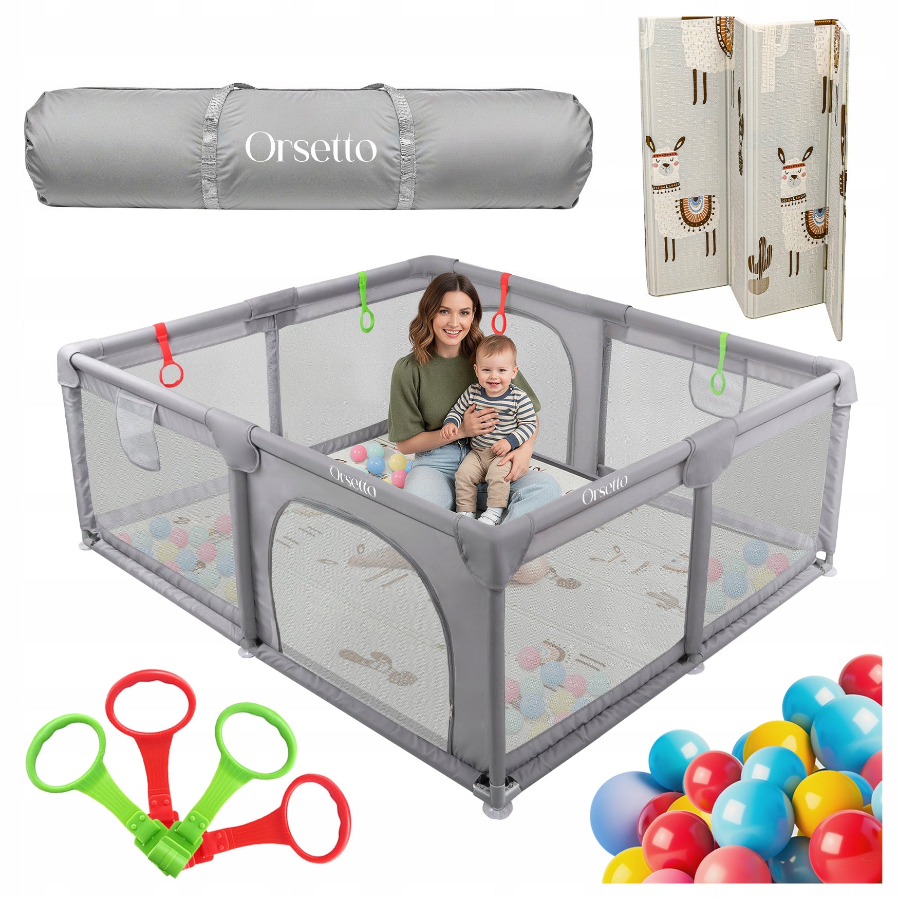 CHILDREN'S PLAYPEN WITH FOAM MAT 150x180 cm DRY POOL + HANDLES AND 50 BALLS