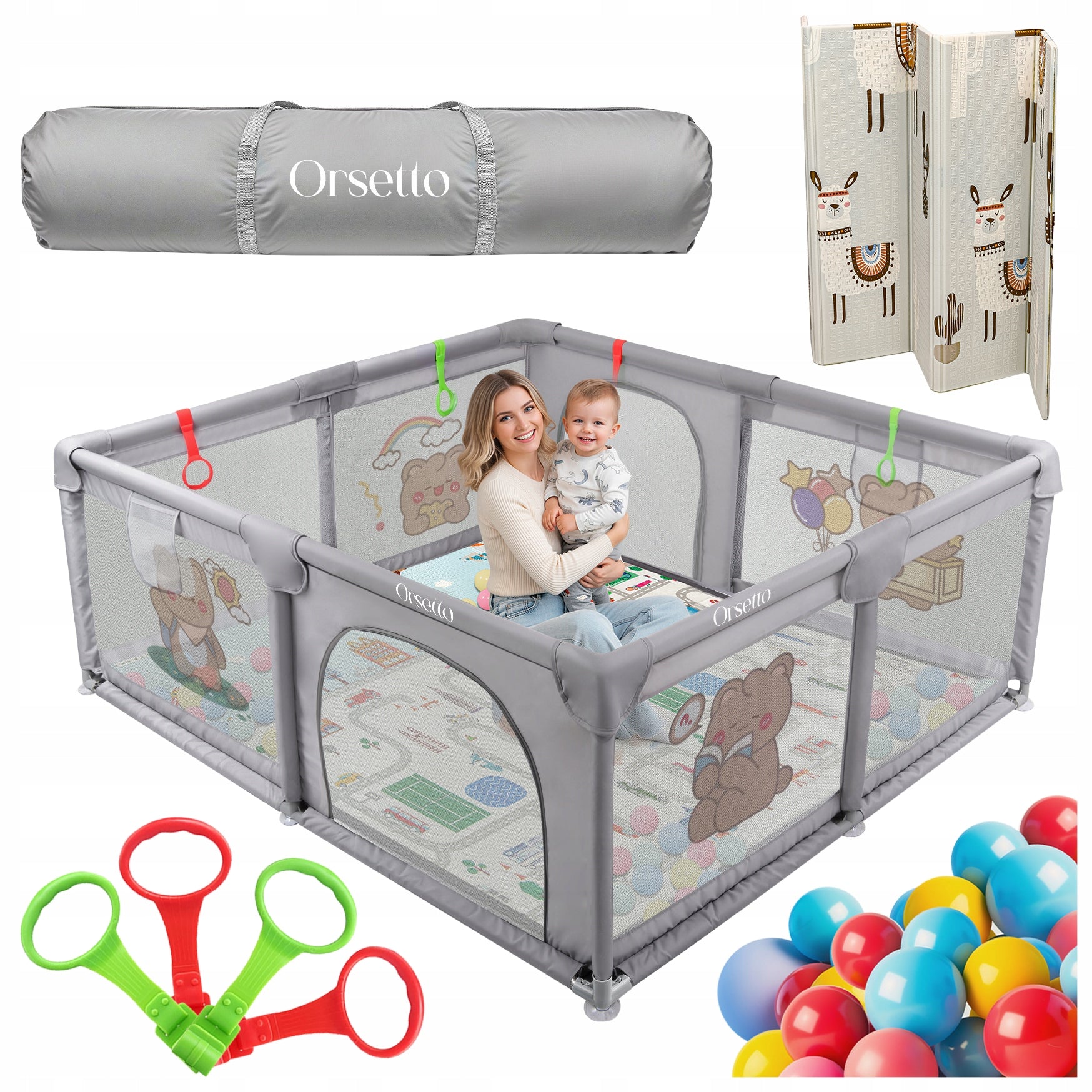 CHILDREN'S PLAYPEN WITH FOAM MAT 150x180 cm DRY POOL + HANDLES AND 50 BALLS