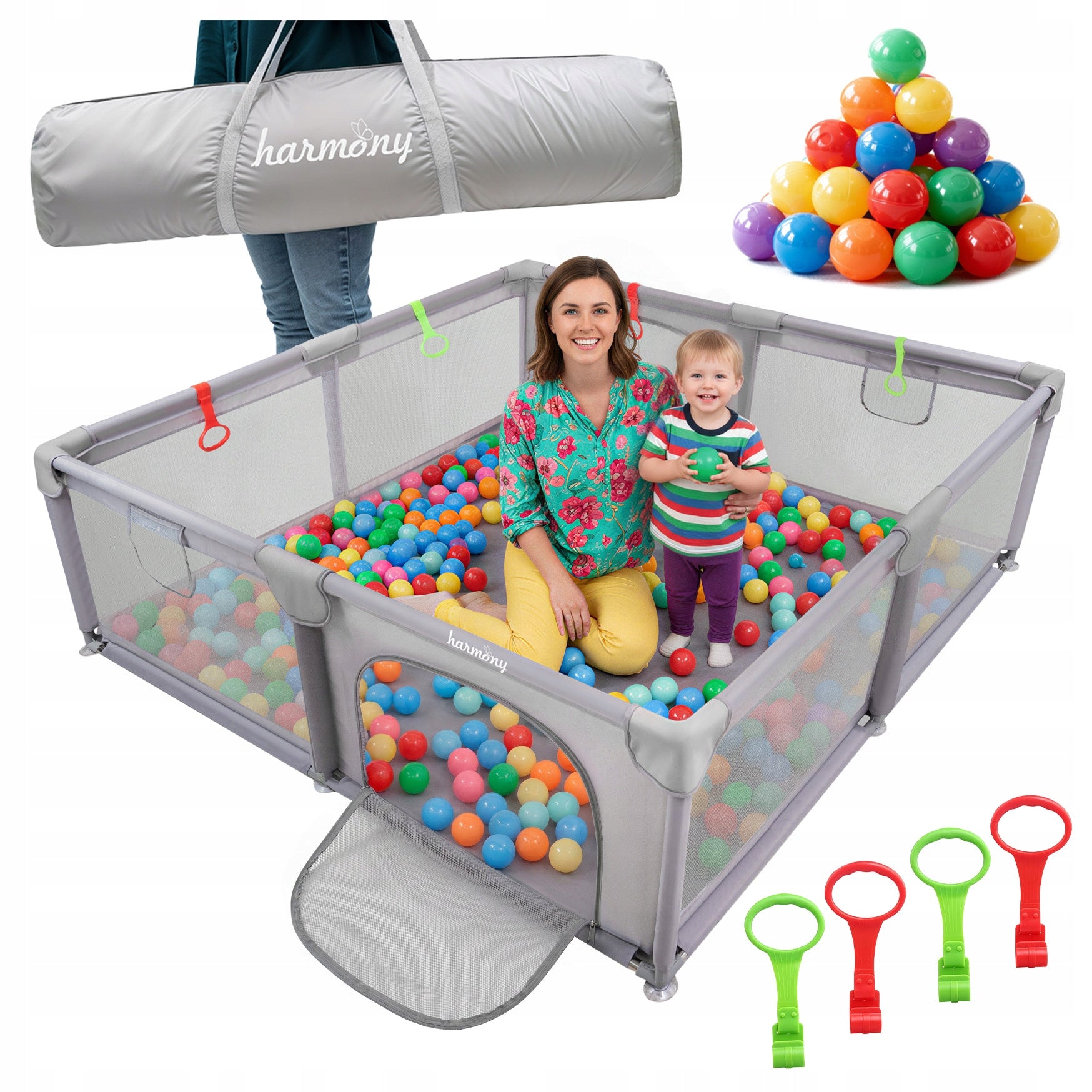 CHILDREN'S PLAYPEN XXL 180x200 cm SQUARE TOYS DRY POOL + HANDLES AND 50 BALLS