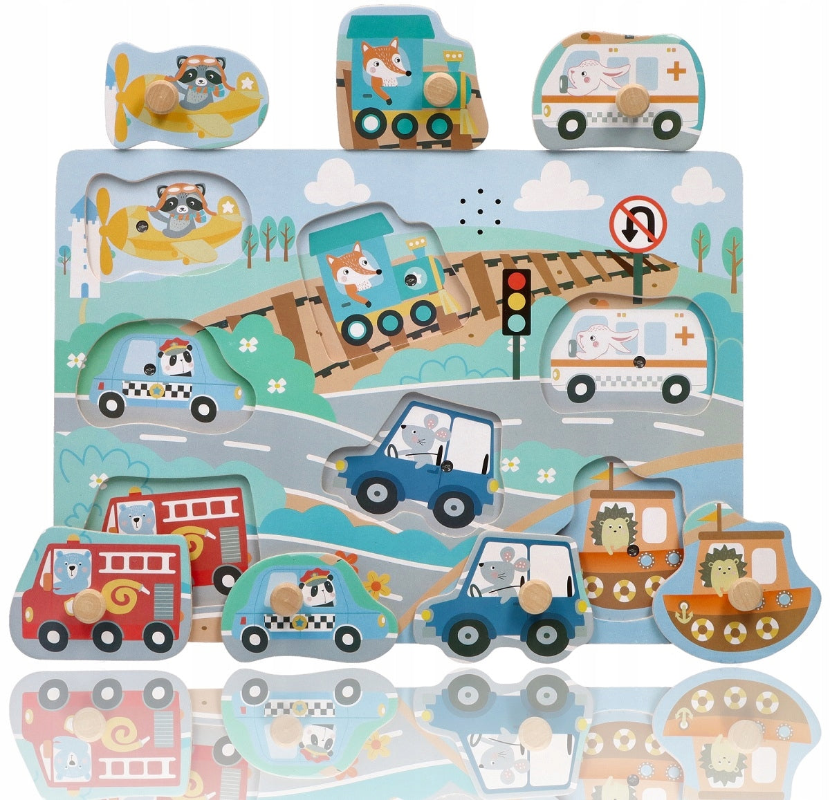 CHILDREN'S TOYS 1+ SOUND PUZZLE WOODEN VEHICLES WITH HANDLES Brand Adam Toys
