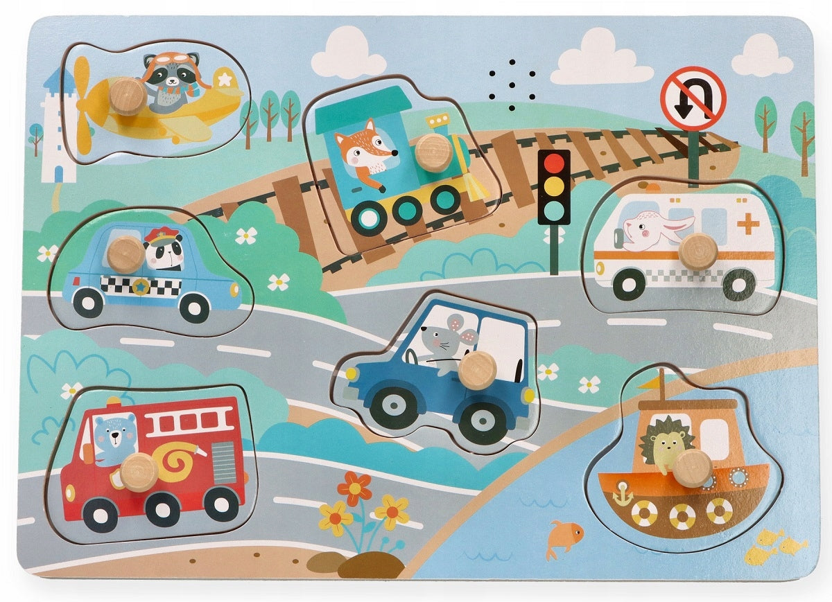 CHILDREN'S TOYS 1+ SOUND PUZZLE WOODEN VEHICLES WITH HANDLES