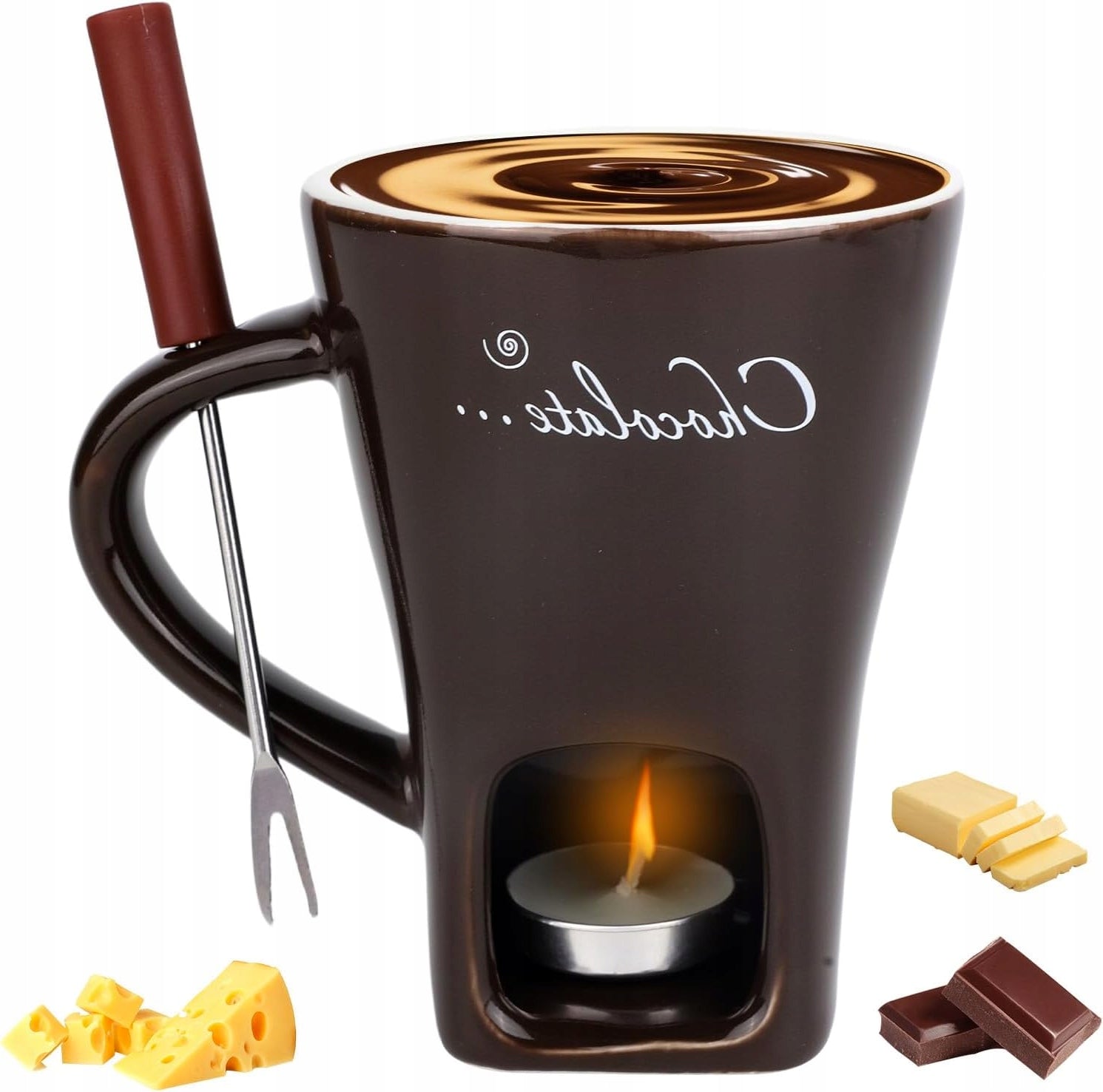 CHOCOLATE FONDUE MUG WITH CERAMIC FORK DARK BROWN
