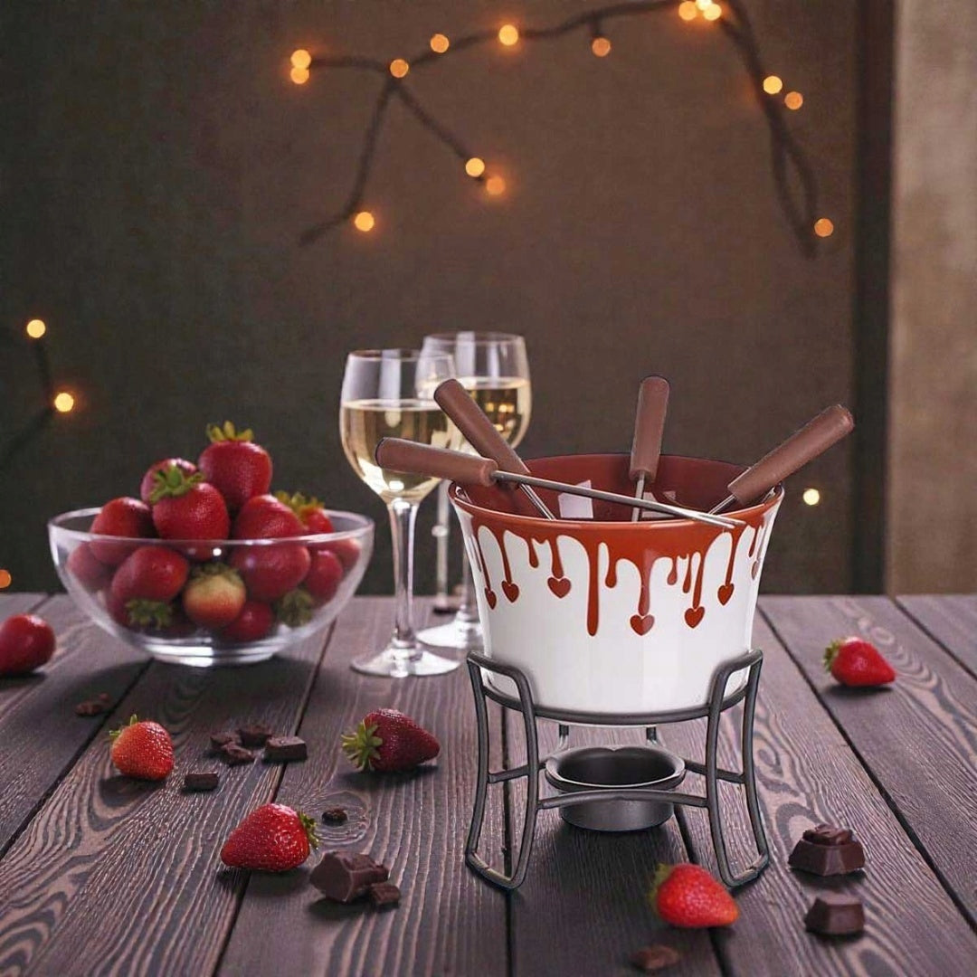 CHOCOLATE FONDUE SET - CERAMIC BOWL, STAND, 4 FORKS Packaging status original