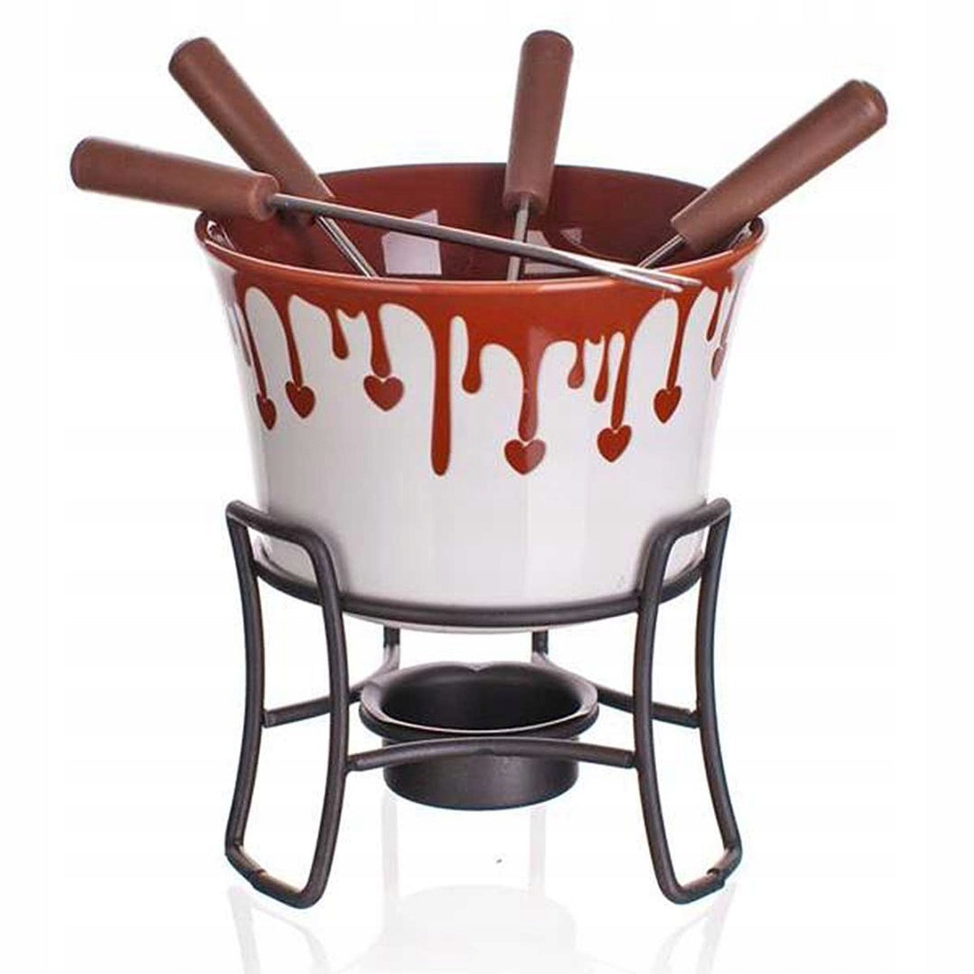 CHOCOLATE FONDUE SET - CERAMIC BOWL, STAND, 4 FORKS