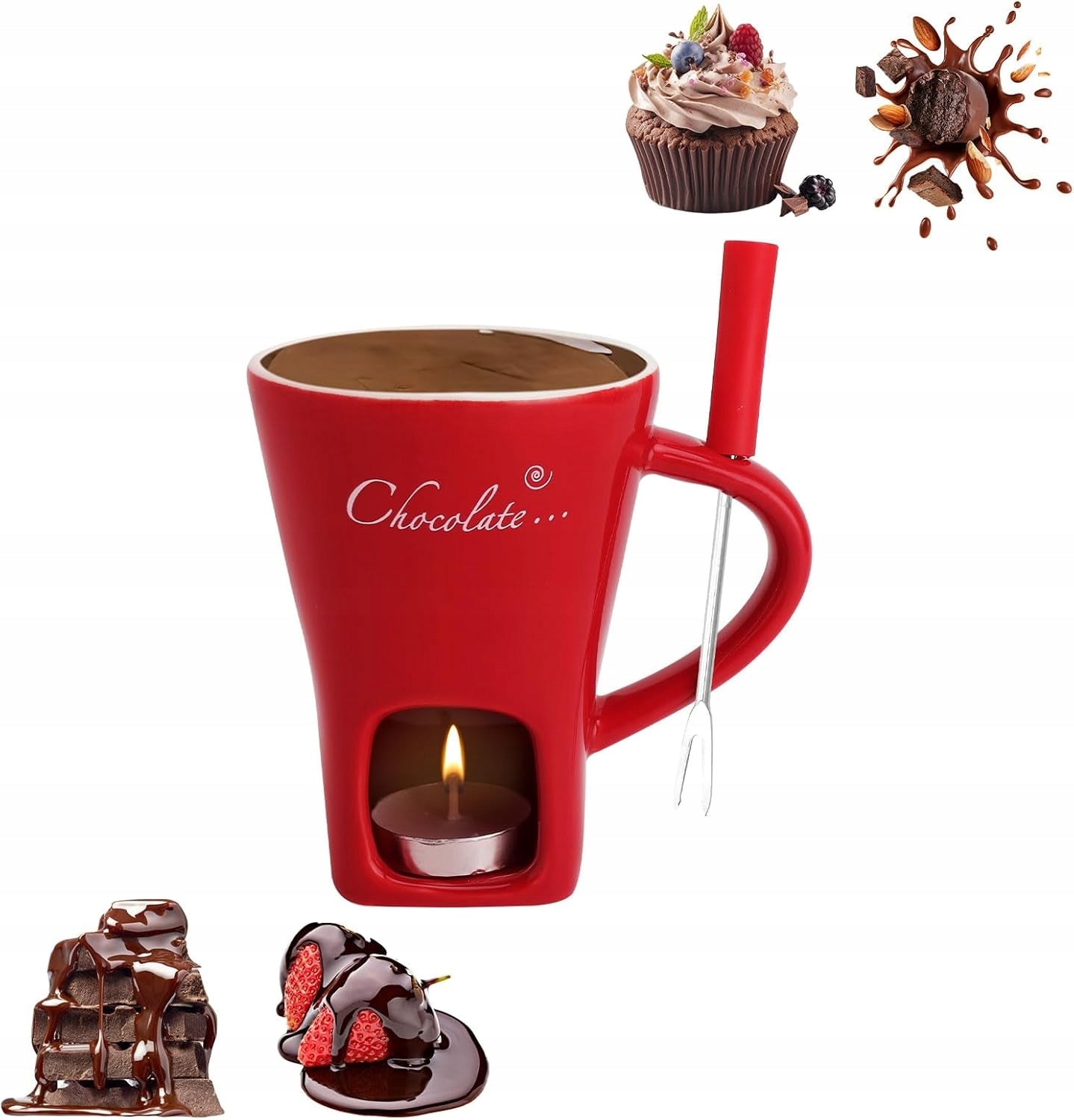 CHOCOLATE FONDUE SET CERAMIC MUG 130 ml FORK GIFT
