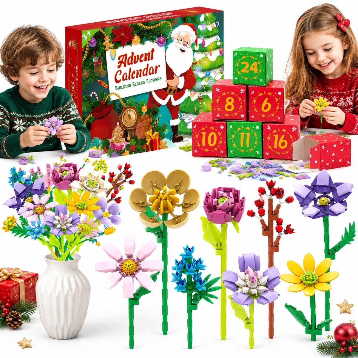 CHRISTMAS ADVENT CALENDAR WITH BLOCKS FLORAL THEME 24 WINDOWS