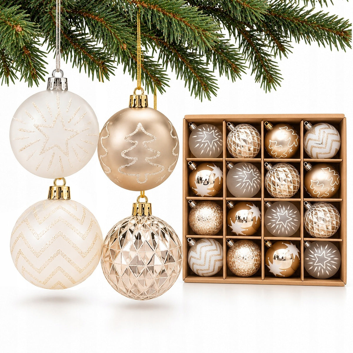 CHRISTMAS BALL BAUBLES SET OF 16 pcs 6cm GOLD DECORATED FOR CHRISTMAS TREE GIFT