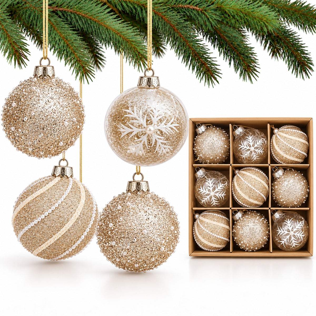 CHRISTMAS BALL BAUBLES SET OF 9 pcs 8cm COLORLESS DECORATED FOR CHRISTMAS TREE