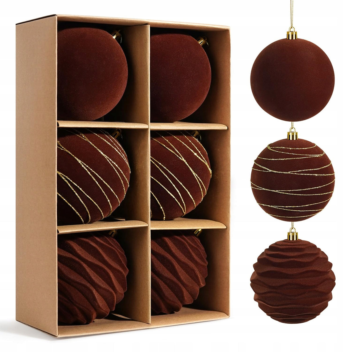 CHRISTMAS BALLS BROWN VELOUR 10 CM 6 PCS PREMIUM CHRISTMAS DECORATIONS