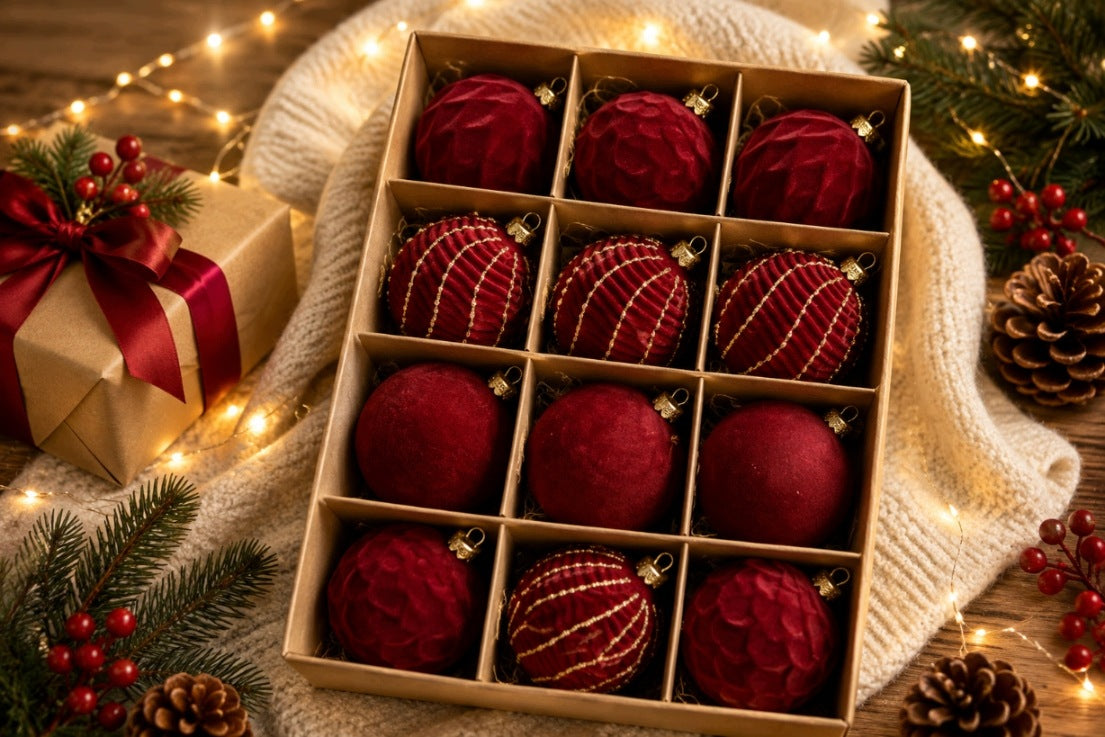 CHRISTMAS BALLS BURGUNDY VELOUR 6 CM SET OF 12 CHRISTMAS DECORATIONS Packaging status original