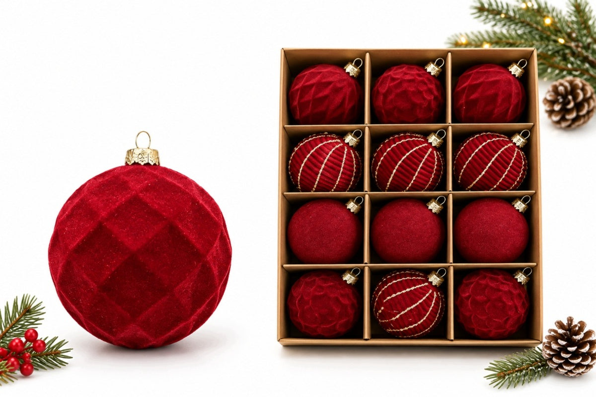 CHRISTMAS BALLS BURGUNDY VELOUR 6 CM SET OF 12 CHRISTMAS DECORATIONS