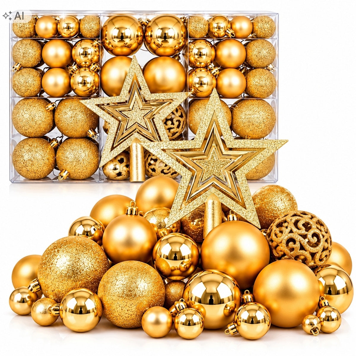CHRISTMAS BALLS GOLD 100 PCS UNBREAKABLE SET XXL CHRISTMAS DECORATIONS