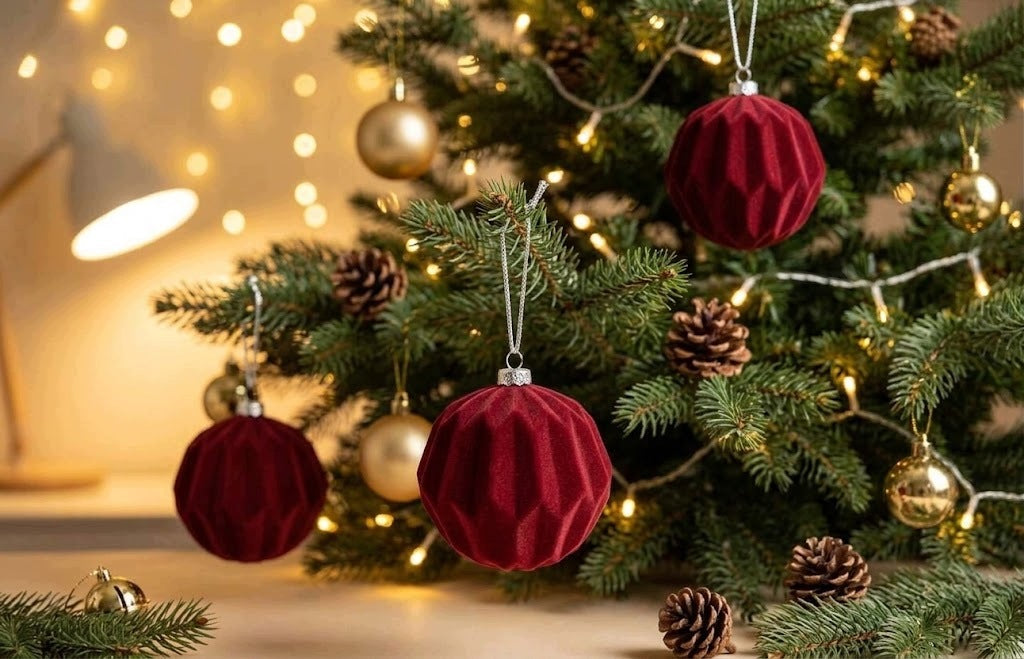 CHRISTMAS BALLS RED VELOUR 8 CM SET OF 9 CHRISTMAS DECORATIONS Brand 100