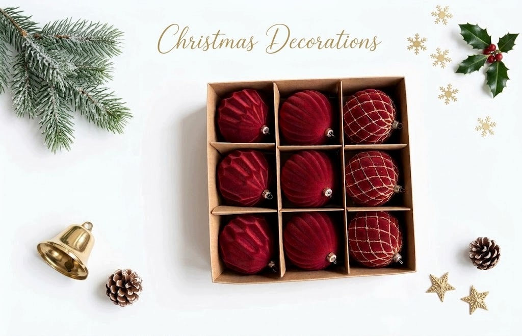 CHRISTMAS BALLS RED VELOUR 8 CM SET OF 9 CHRISTMAS DECORATIONS Packaging status original