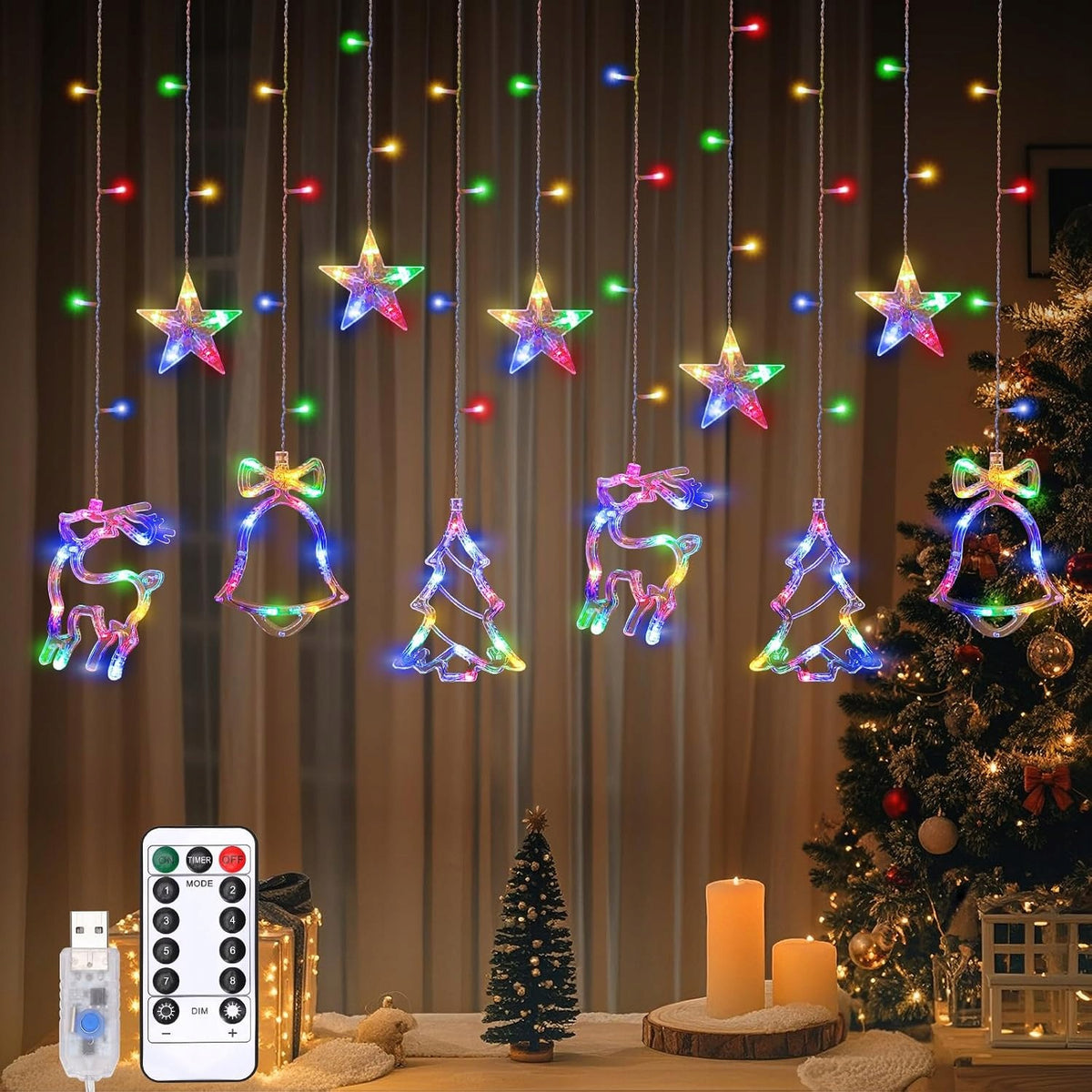 CHRISTMAS CURTAIN LED REINDEER BELLS USB REMOTE CONTROL 8 MODES TIMER MULTICOLOR Brand no brand
