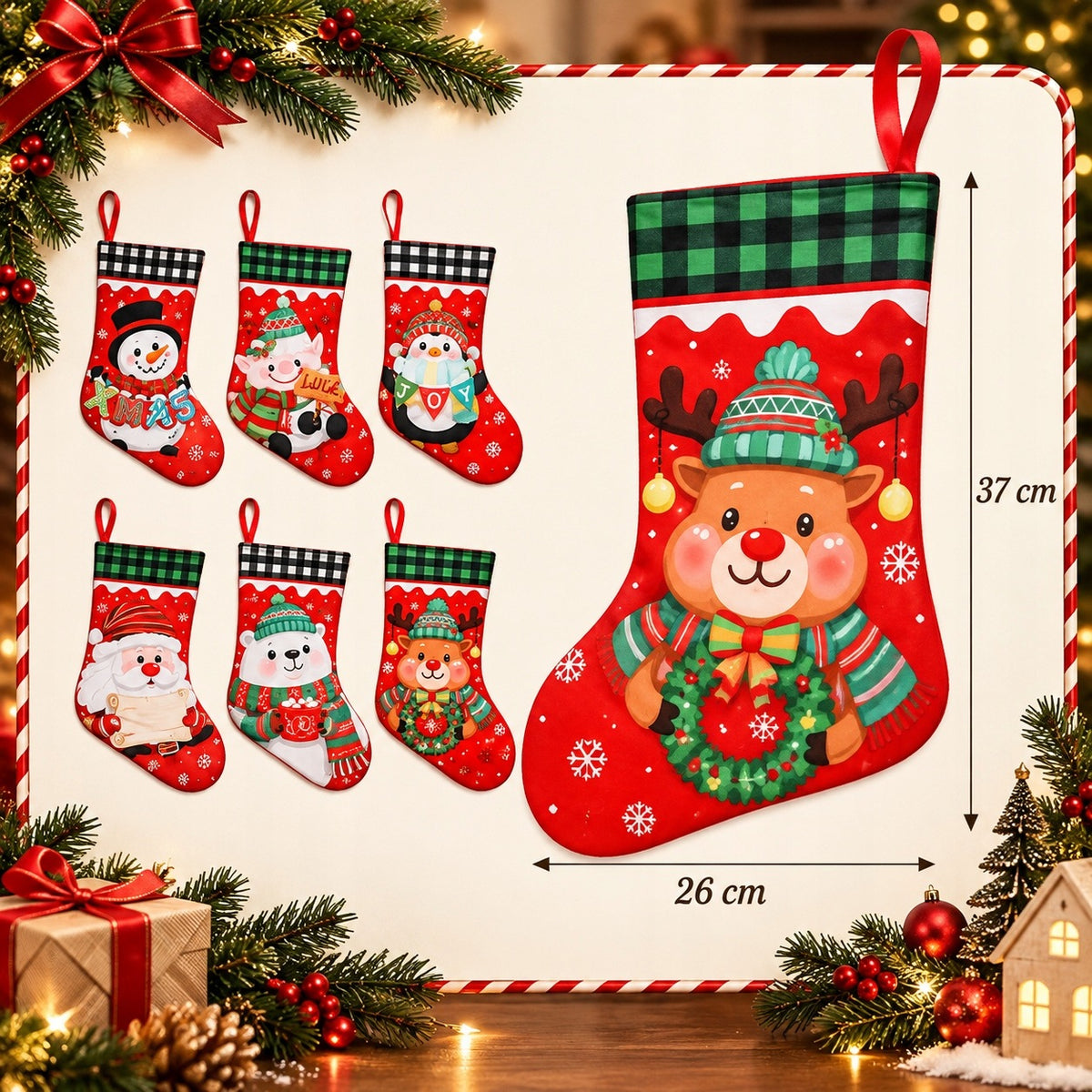 CHRISTMAS GIFT SOCKS FIREPLACE CHRISTMAS TREE SANTA CLAUS DECORATIONS 6 PACK Manufacturer code SKARPETY ŚWIĄTECZNE NA PREZENTY DUŻE