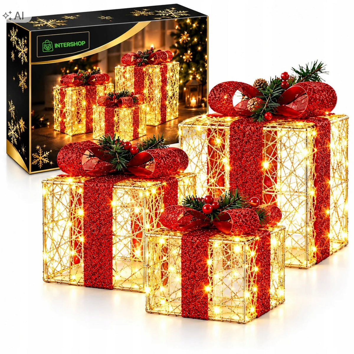CHRISTMAS GIFTS LED SET OF 3 ILLUMINATED CHRISTMAS DECORATIONS