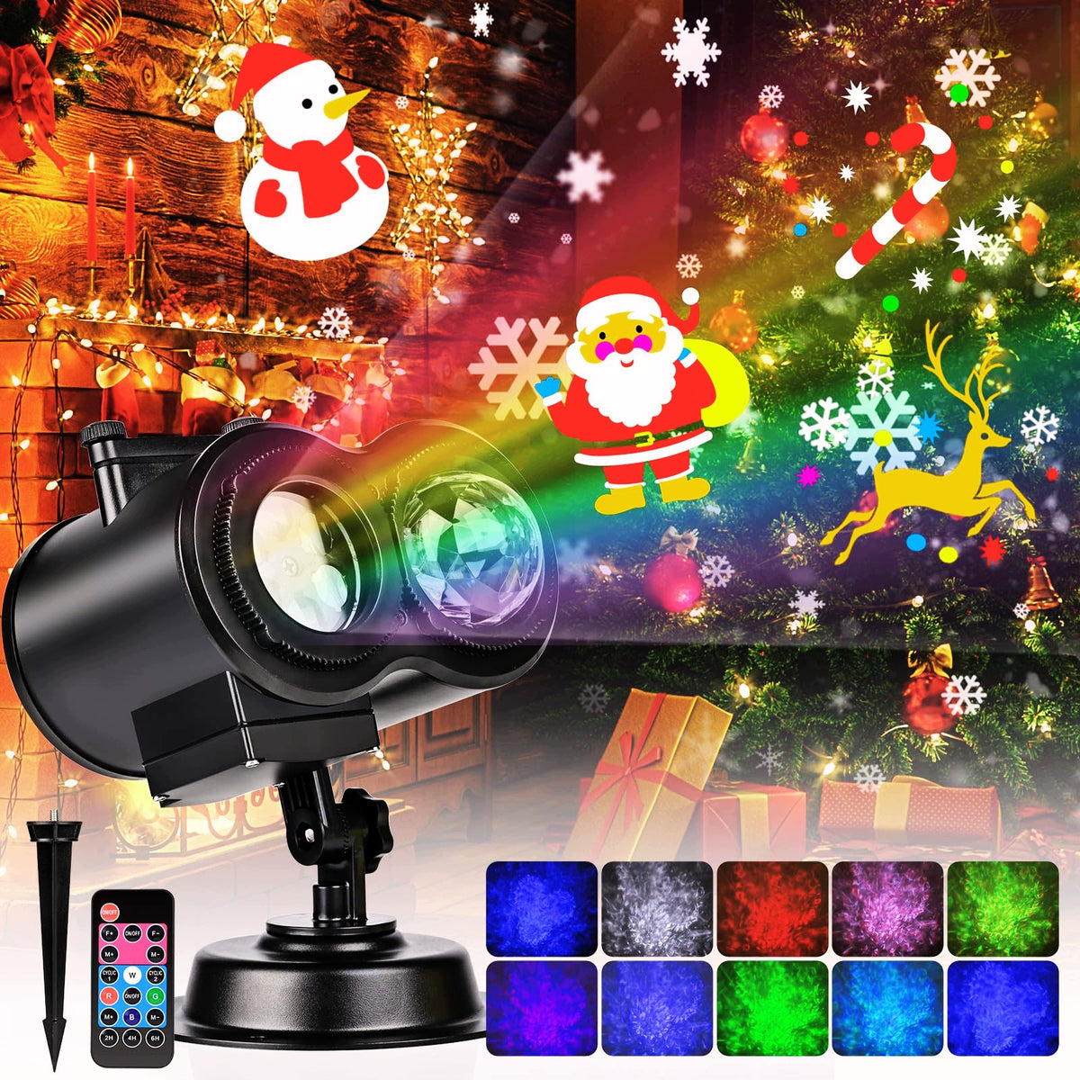 CHRISTMAS LED PROJECTOR 2IN1 16 PATTERNS WATER WAVE RGBW REMOTE CONTROL TIMER IP44 Packaging status original