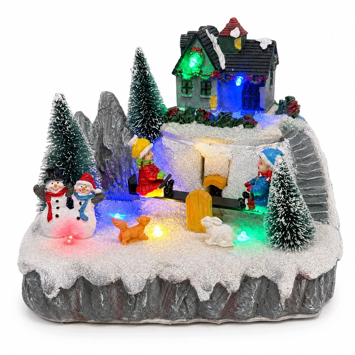 CHRISTMAS LED VILLAGE WITH SNOWMAN HOUSE AND MOVABLE SWING DECORATION