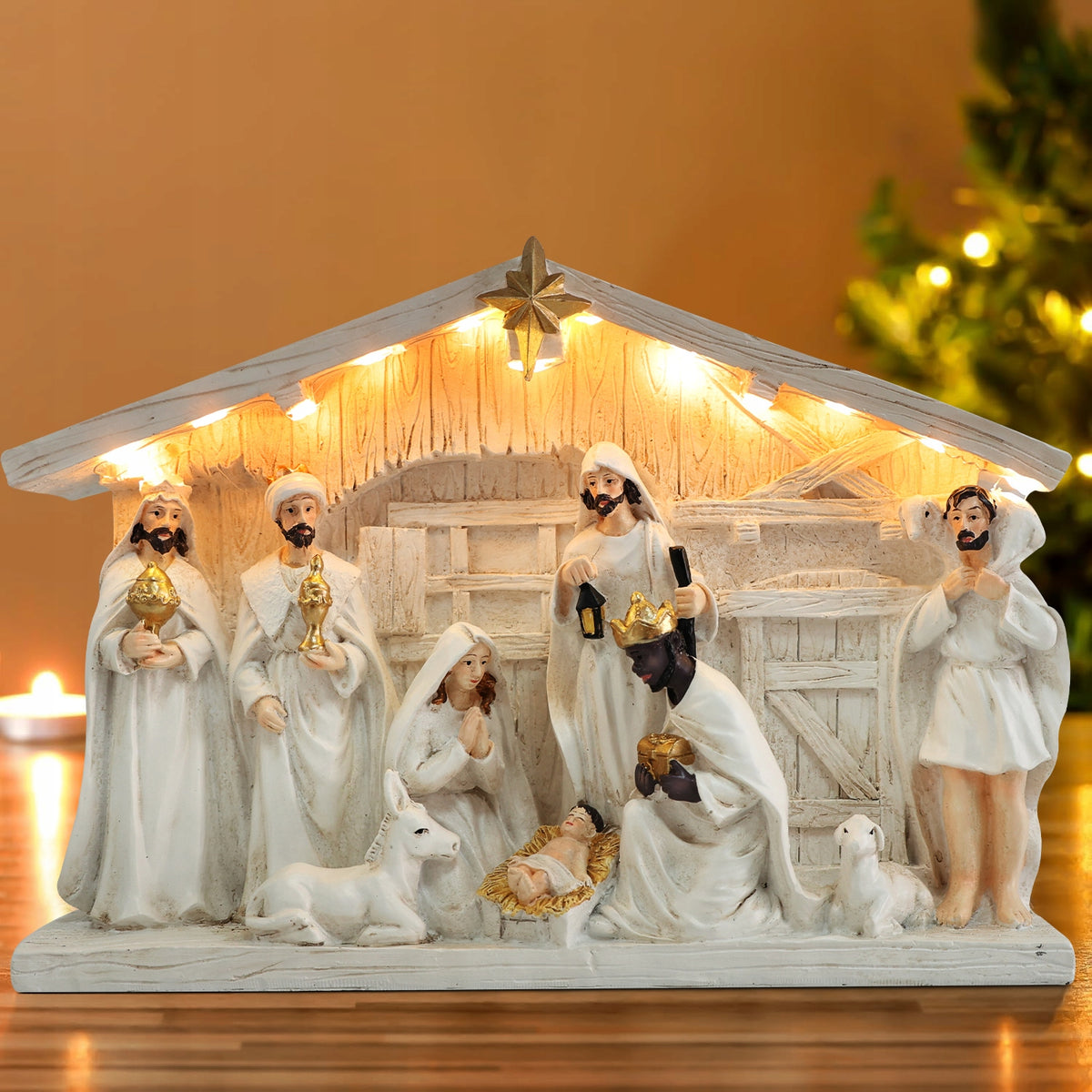 CHRISTMAS NATIVITY SCENE STONE ILLUMINATED WITH LED FIGURES WITH Christmas carols