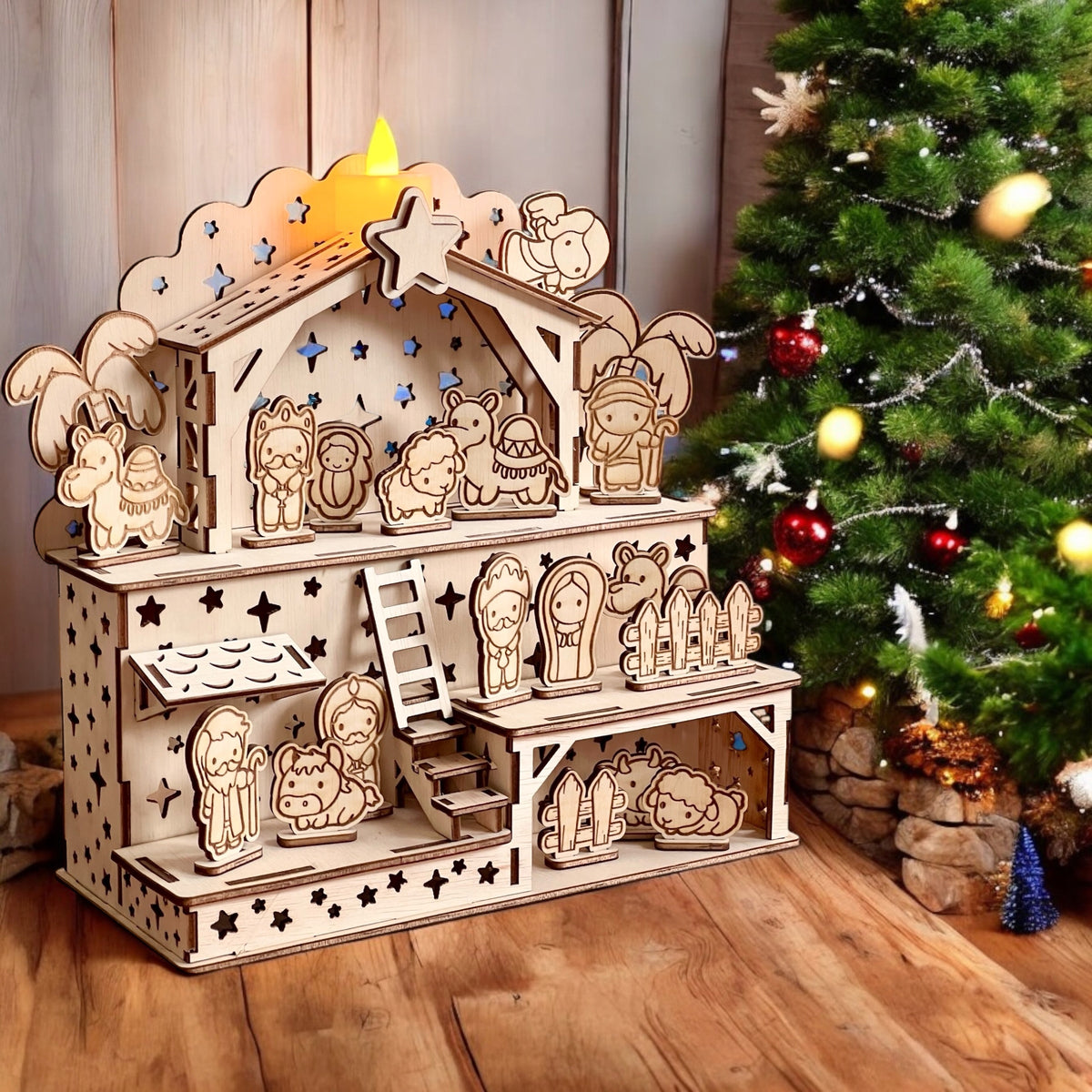 CHRISTMAS NATIVITY SCENE Wooden Figurines STABLE large Christmas Caroling Manufacturer code Szopka duża ozdoba świąteczna do domu