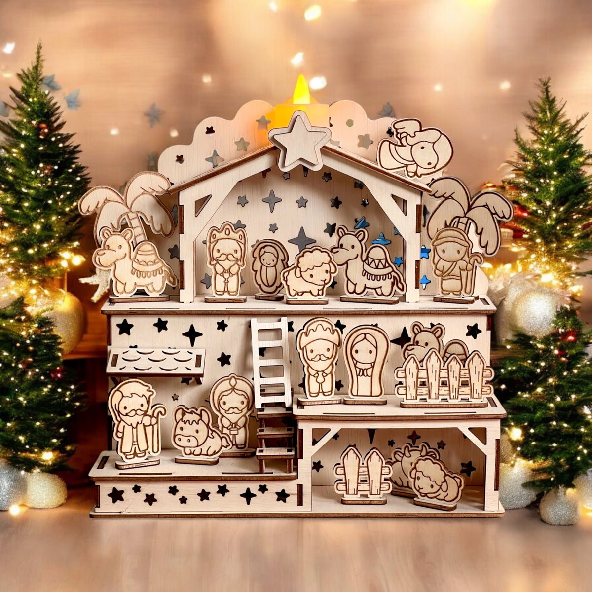 CHRISTMAS NATIVITY SCENE Wooden Figurines STABLE large Christmas Caroling Packaging status original