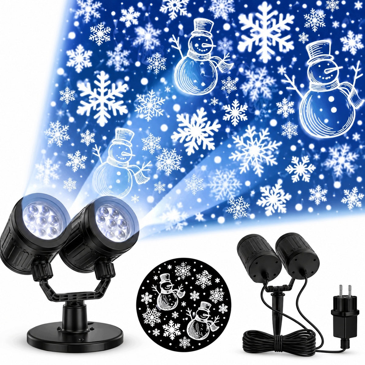 CHRISTMAS PROJECTOR LED SNOWFLAKES SNOWMAN 2 HEADS TIMER 360 GARDEN