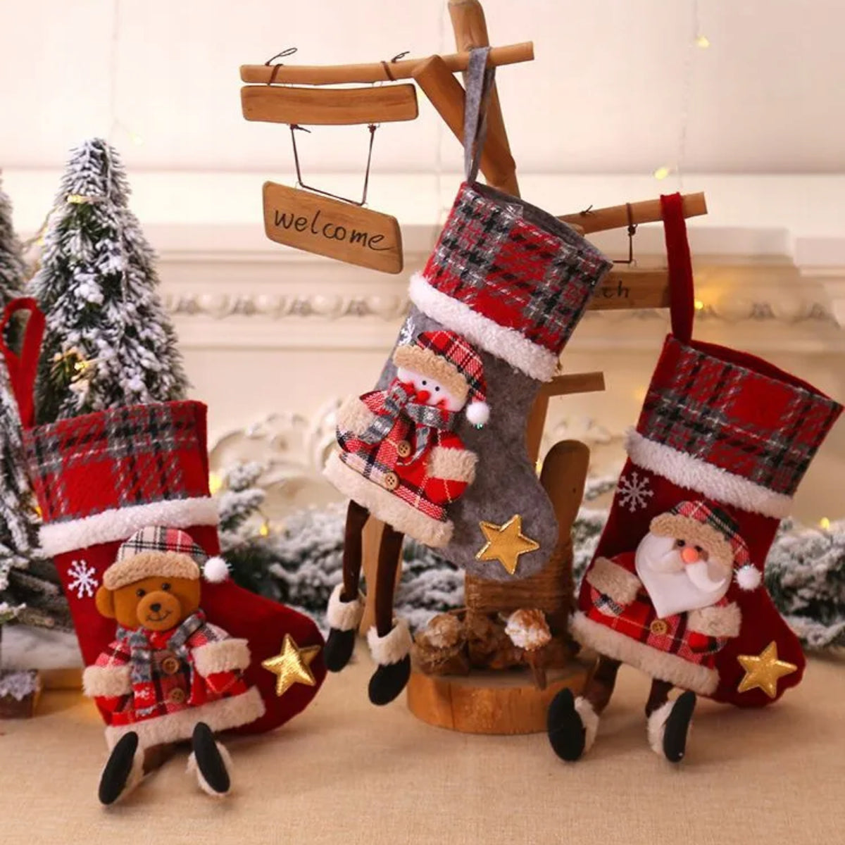 CHRISTMAS SOCKS FOR GIFT LARGE DECORATION FOR FIREPLACE WINDOW DECORATION 4PCS Packaging status original