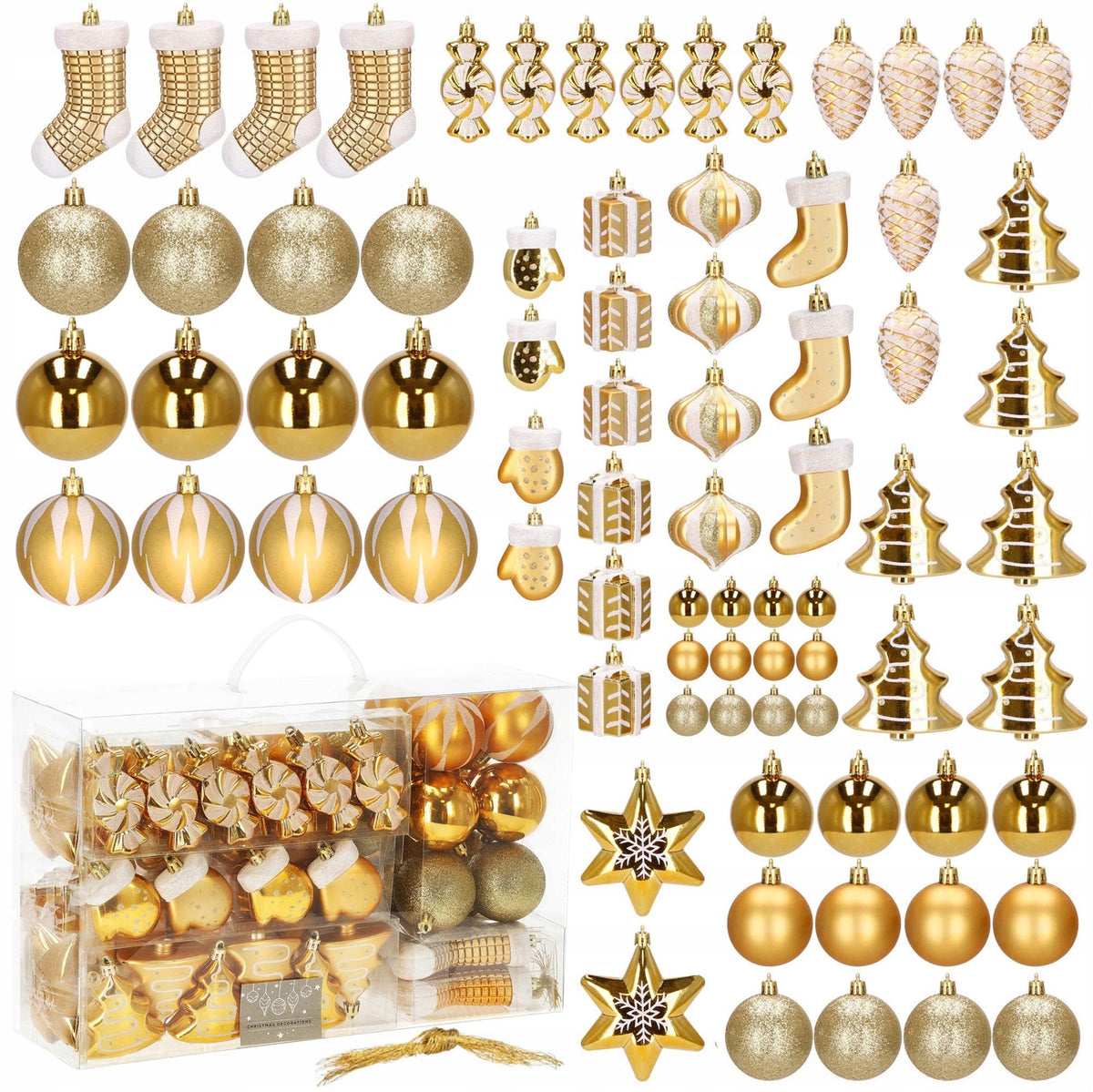 CHRISTMAS TREE BAUBLE SET 77PCS GOLD BAUBLES MIX CHRISTMAS TREE DESIGNS
